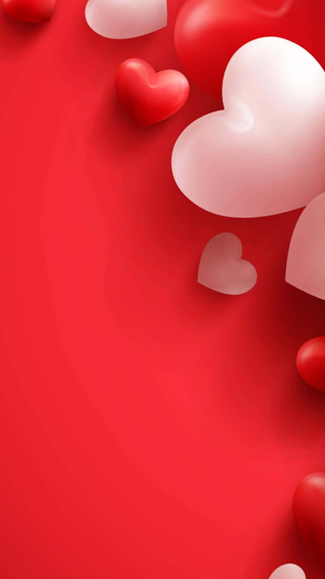 Valentines 桌布 壁紙 — 光澤的紅色和白色心形在鮮豔的紅色漸變背景上漂浮，構成極簡的3D渲染作品。