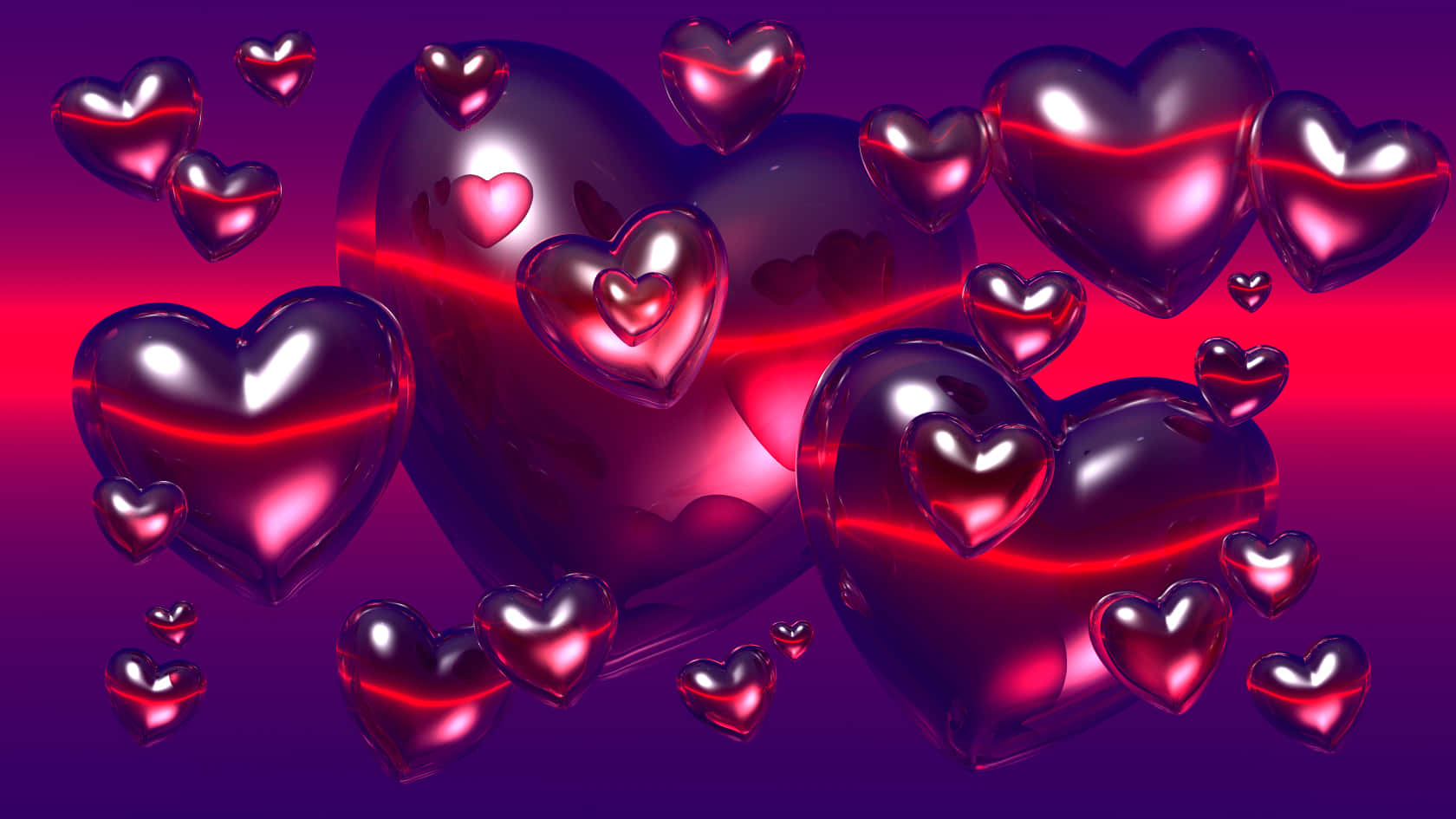 3d Heart 桌布 壁紙 — 光澤的紅色和紫色心形在閃爍的漸變背景中漂浮，帶有發光的高光。
