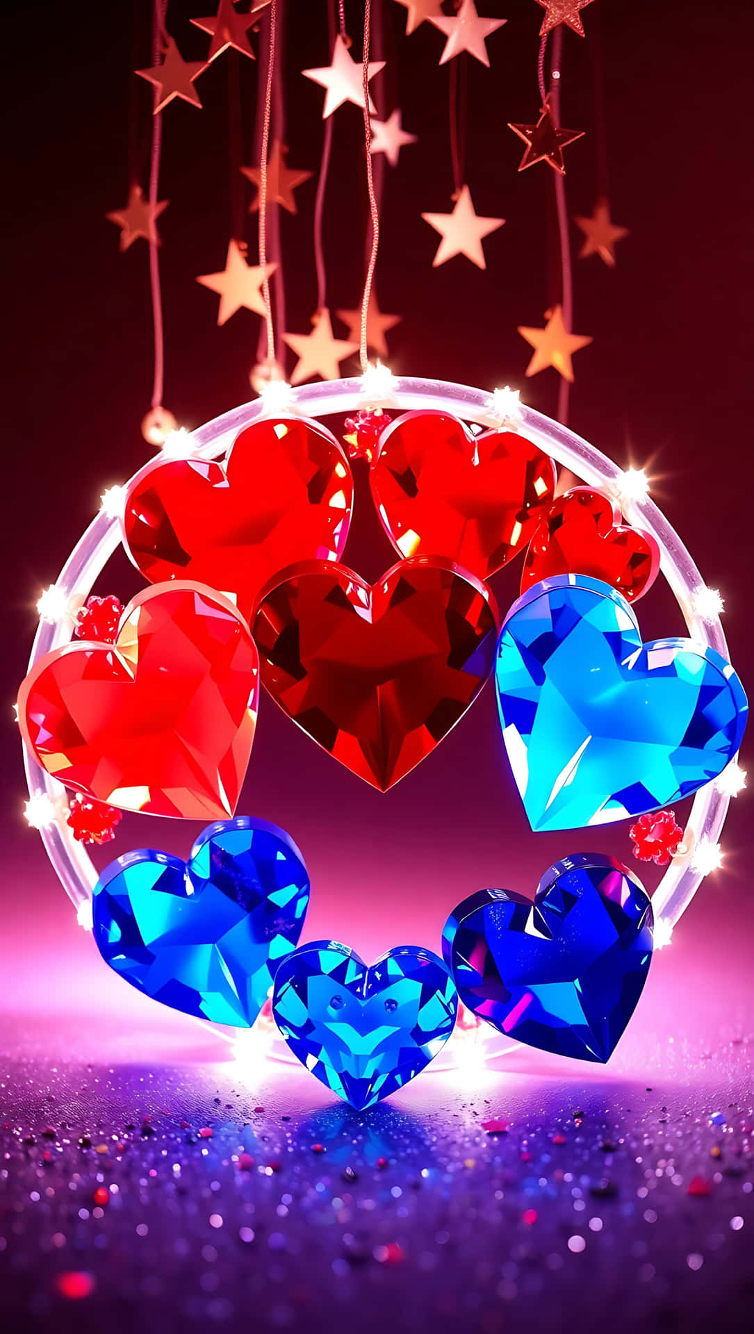 Freedom Hearts – Crystal Americana Shine 42-2 壁紙 — 光澤的紅色和藍色水晶心形懸掛在發光的圓形框架中，背景為深色漸變，帶有閃爍的星星。