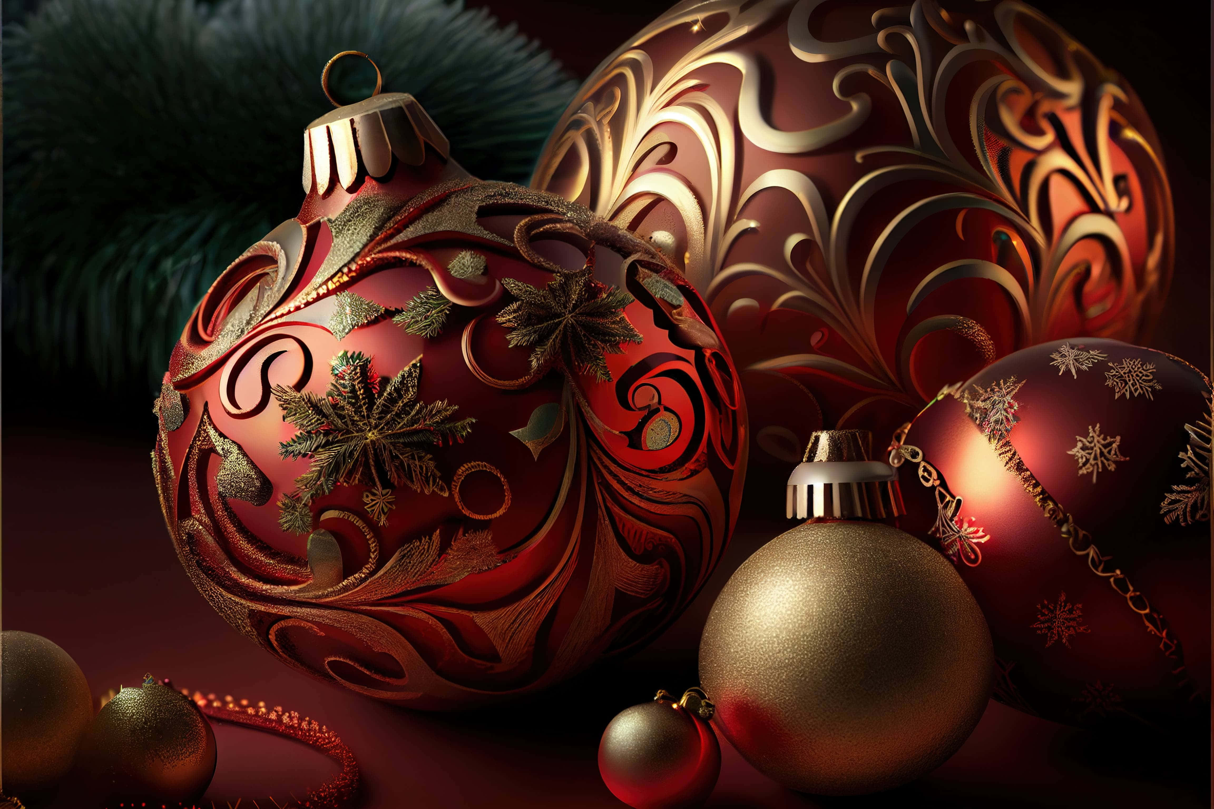 聖誕節 桌布 壁紙 — 光澤的紅色和金色聖誕裝飾品，帶有精緻的雪花和漩渦圖案，在溫暖的燈光下放在松針旁邊。