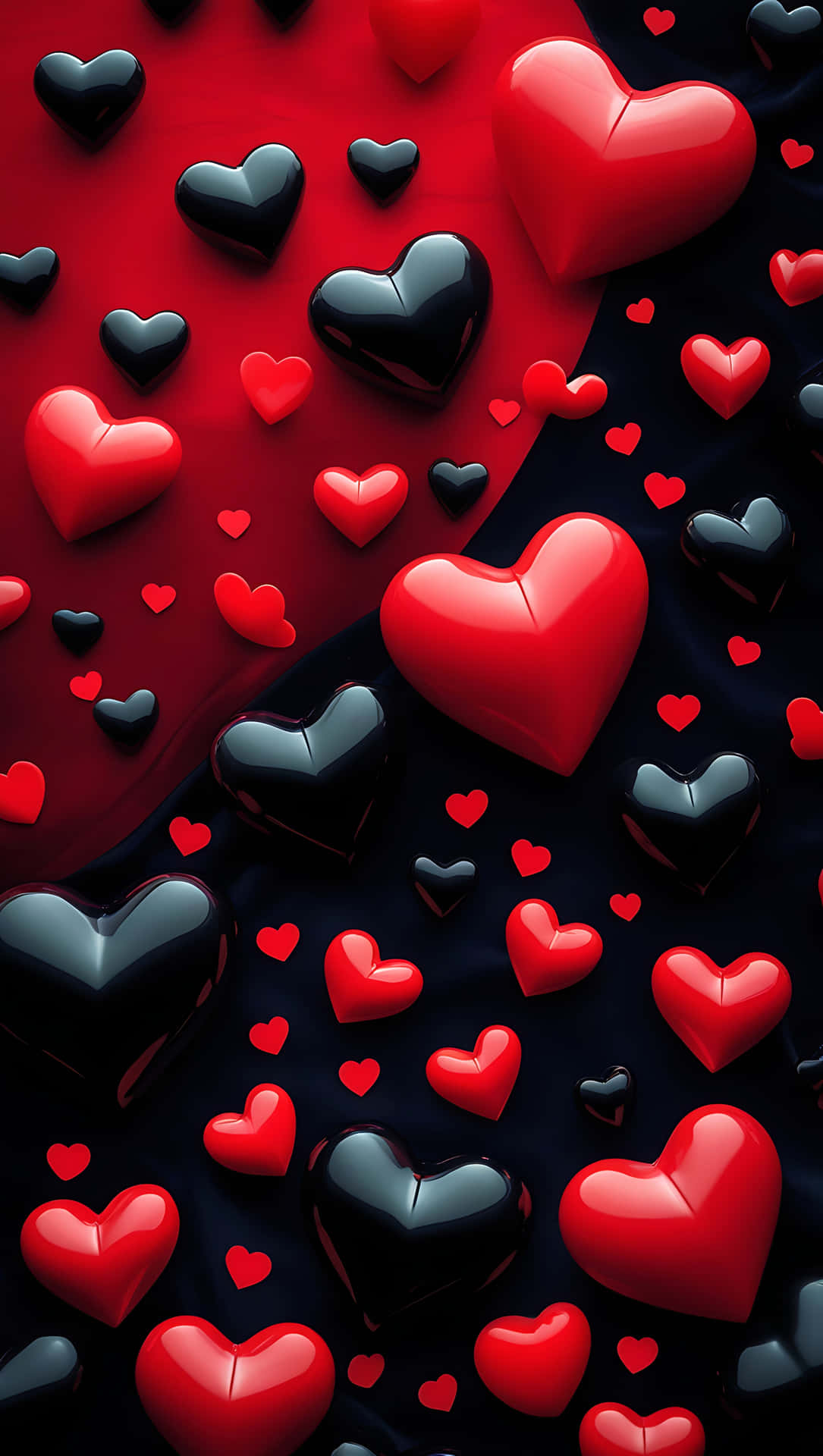 Black and Red Hearts – Elegant Valentine Aesthetic Wallpaper 壁紙 — 光澤的紅色和黑色心形大小不一，漂浮在帶有柔和照明的紅黑分割背景上。