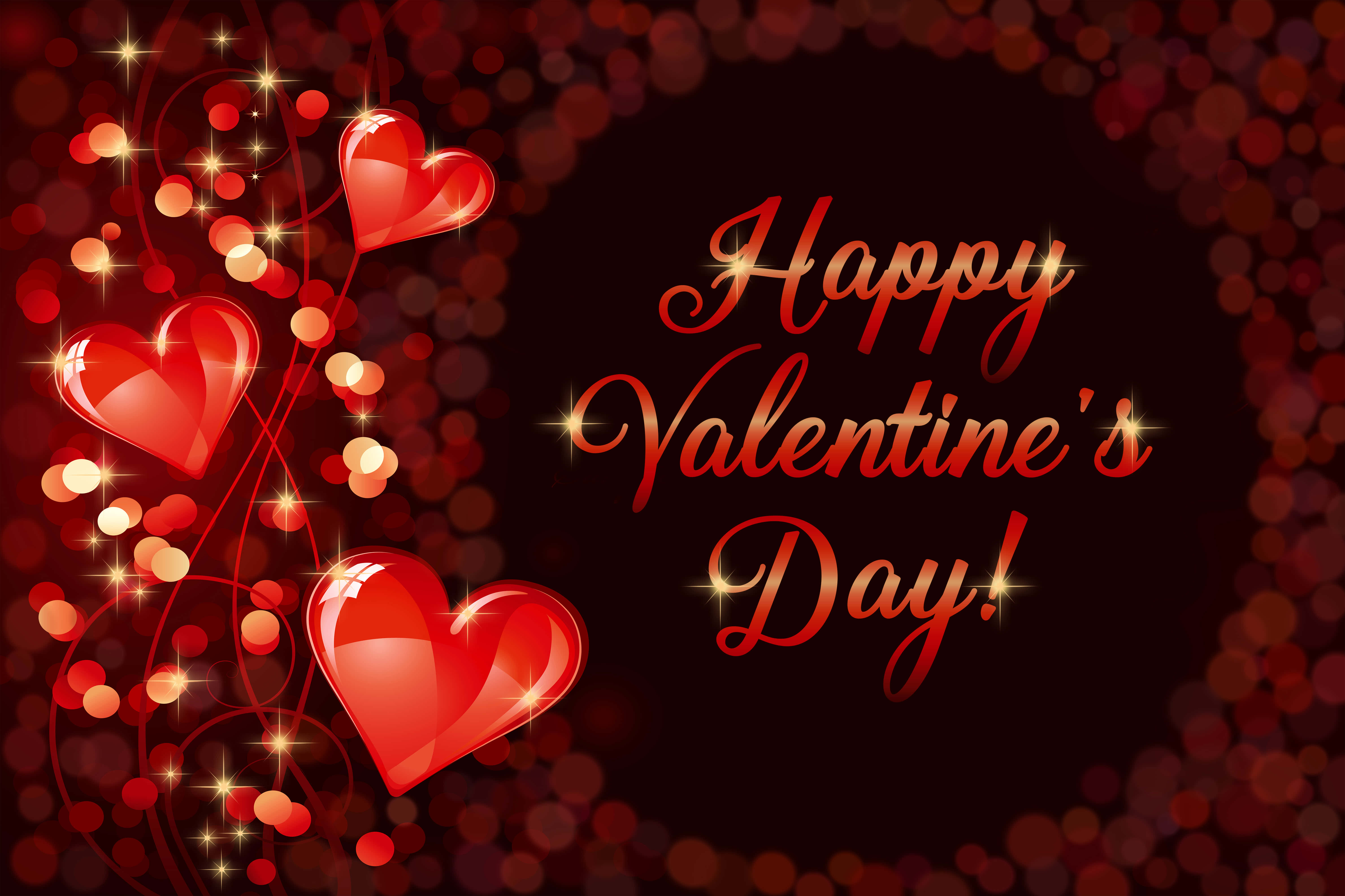 Red Hearts 桌布 壁紙 — 光澤的紅色心形和閃爍的燈光點綴在深紅色散景背景上，並以閃爍字體寫上「Happy Valentine's Day!」。