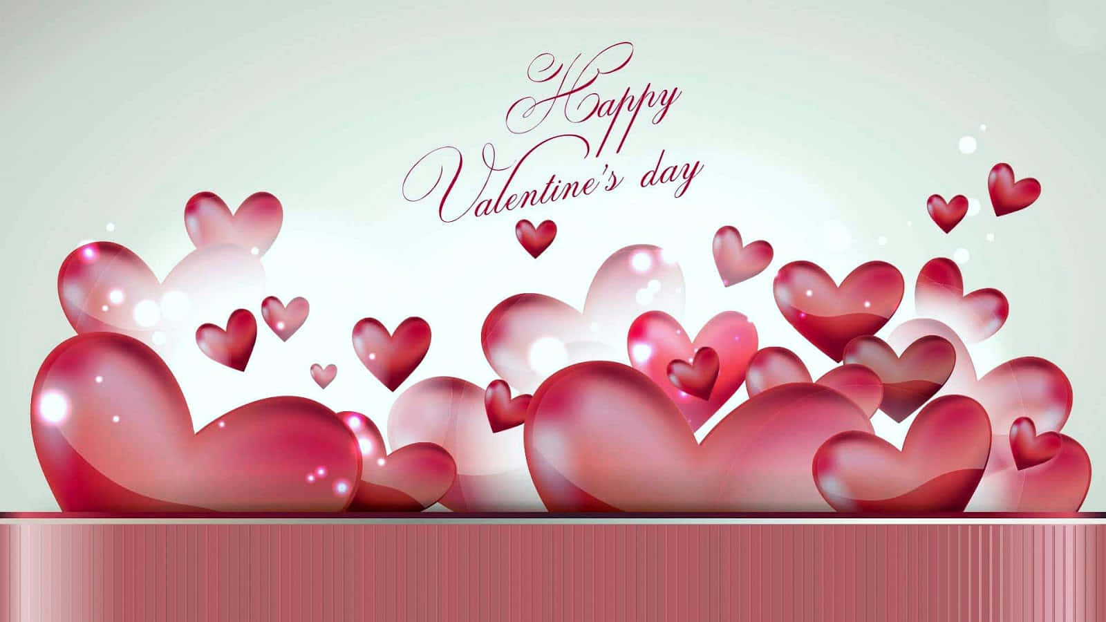 High Resolution Valentines Day 桌布 壁紙 — 光澤的紅色心形在柔和的漸變背景上漂浮，優雅的手寫文字寫著Happy Valentine's day。