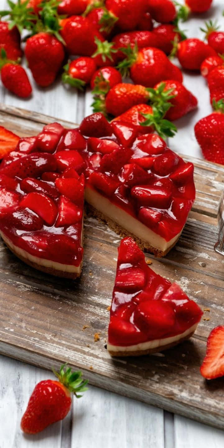 Pastry 桌布 壁紙 — 光澤的草莓起司蛋糕，新鮮的完整草莓散落在質樸的木板上。