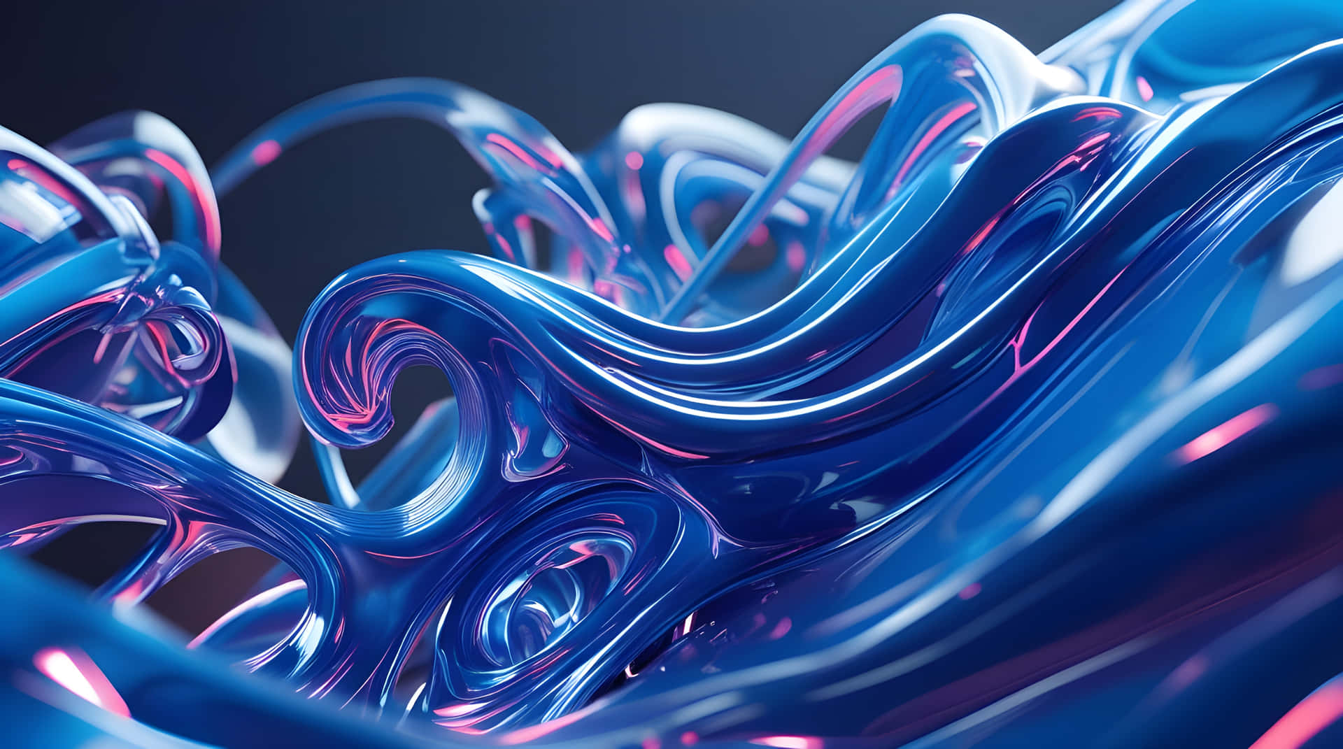 The amazing blue abstract wallpaper 壁紙 — 光澤的藍色和粉紅色液體波浪在深色背景上以平滑的有機曲線流動。