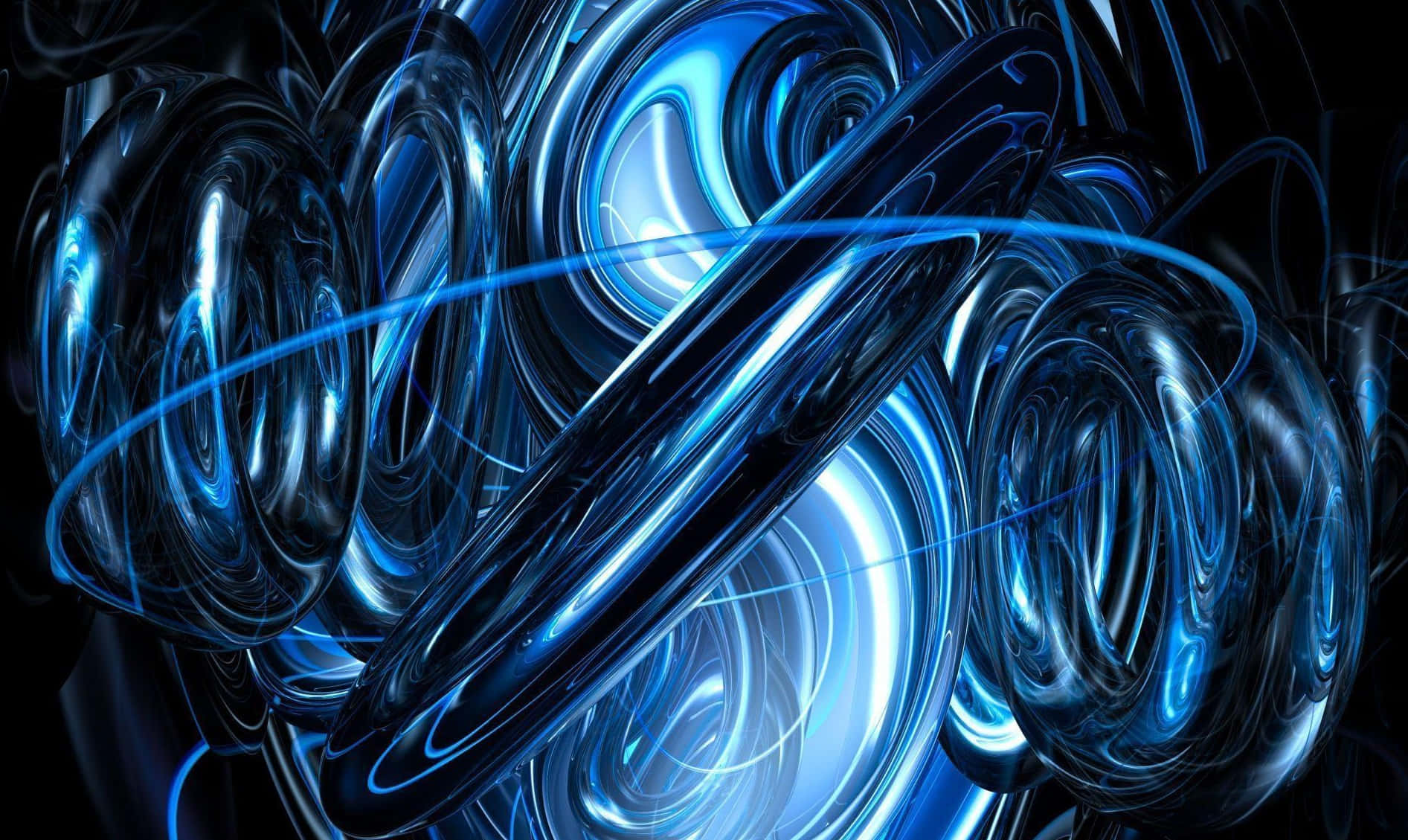Electric Blue 桌布 壁紙 — 光澤的藍色液體管在黑色虛空中旋轉交錯，形成一個未來感的數位漩渦。