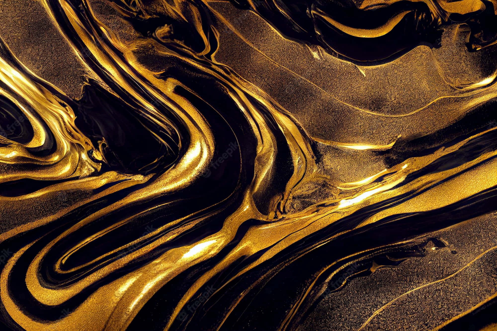 Black And Gold Aesthetic 桌布 壁紙 — 光澤的金色液體在深黑色背景上蜿蜒流動，形成奢華的抽象紋理。