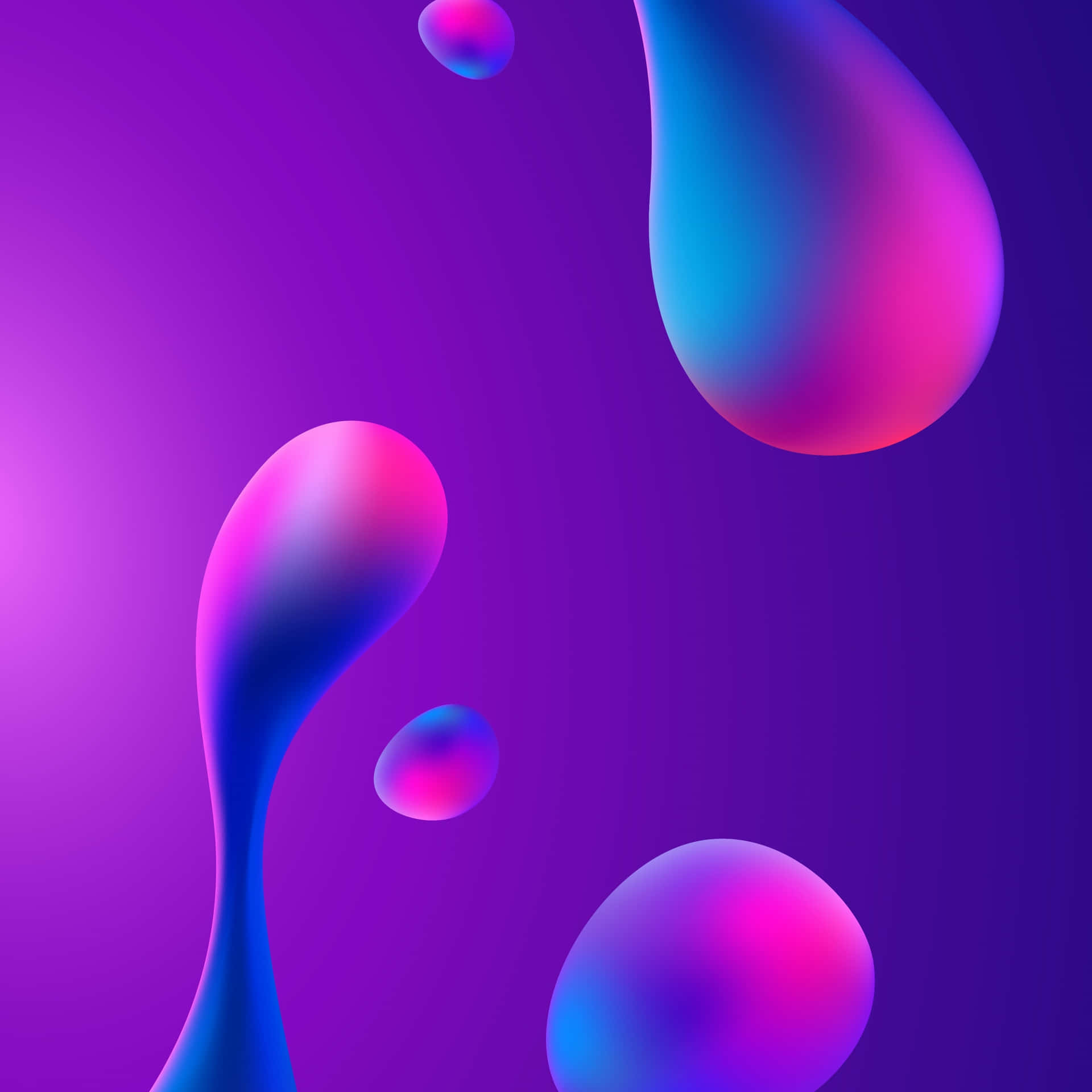 Pink iPad Pro 桌布 壁紙 — 光澤的霓虹粉紅和藍色液體滴在漸變紫色背景上漂浮，形成超現實的數位構圖。