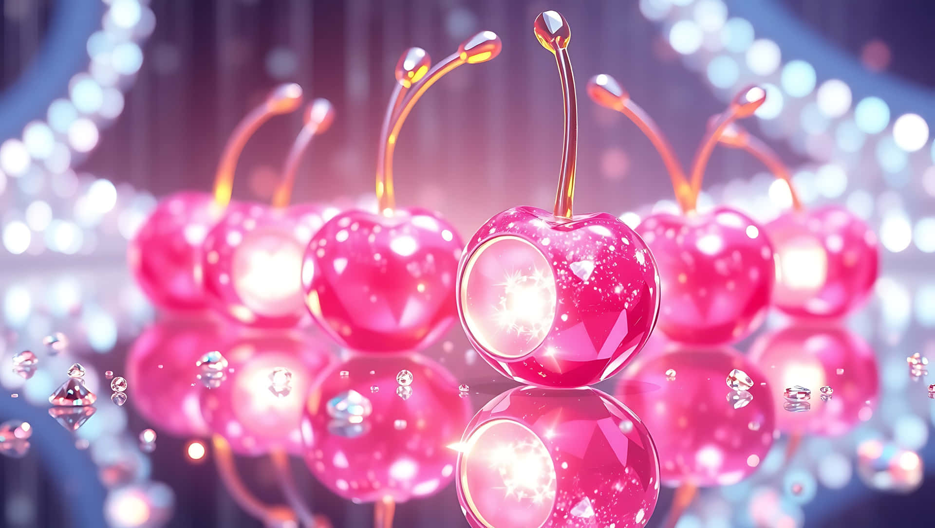 Pink Crystal Cherries – Sweet Bling Fantasy 50-1 壁紙 — 光澤粉紅櫻桃，帶有發光核心和金色莖，漂浮在反射表面上，背景為散景照明。