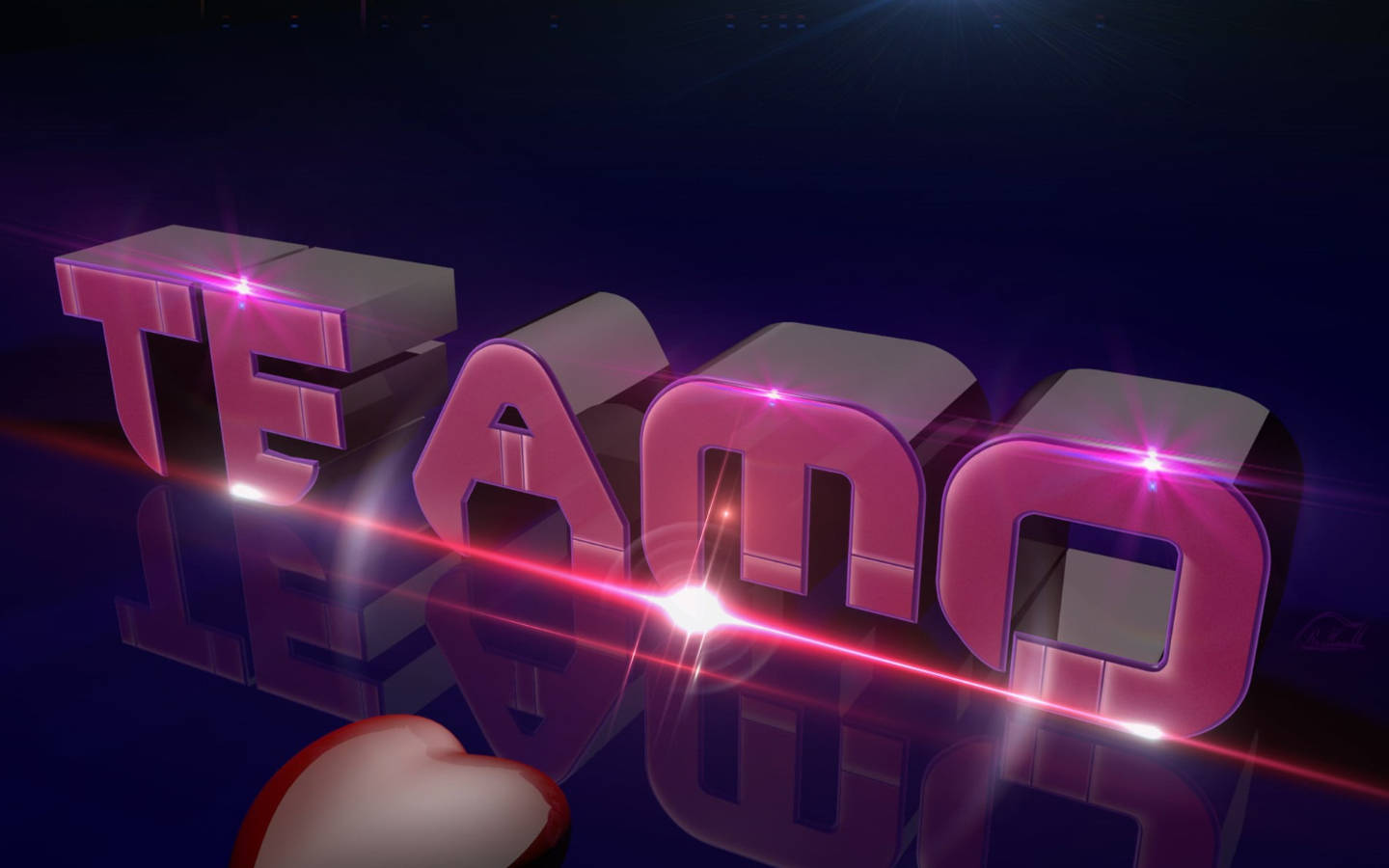 Te Amo 桌布 壁紙 — 光澤粉紅色3D字母拼出TEANO，在黑暗反光表面上帶有鏡頭光暈發光。