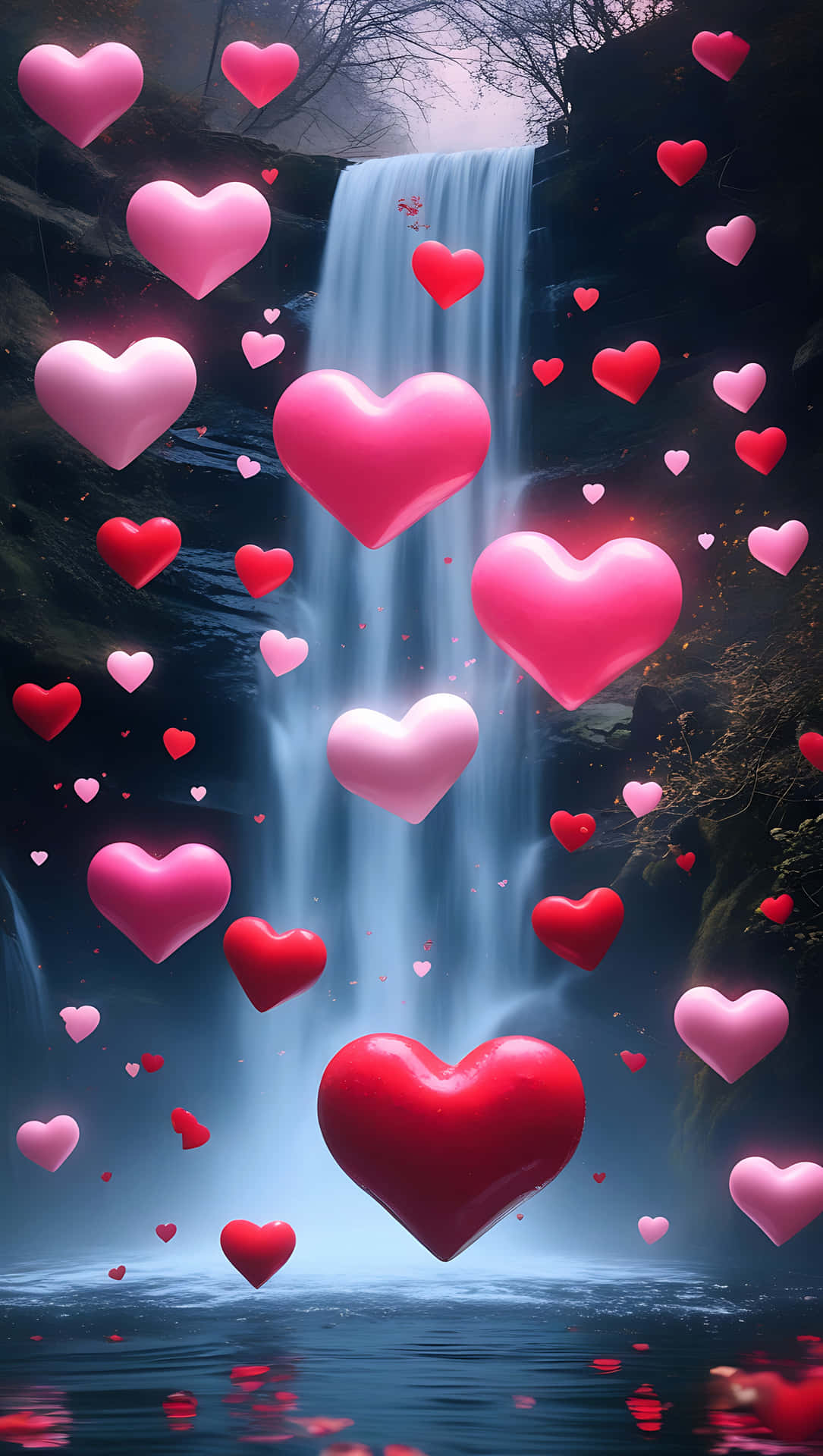 Floating Love Hearts Over Waterfall – Peaceful Romantic Wallpaper 壁紙 — 光澤粉紅色和紅色心形漂浮並圍繞著發光的瀑布流入黑暗的水池。