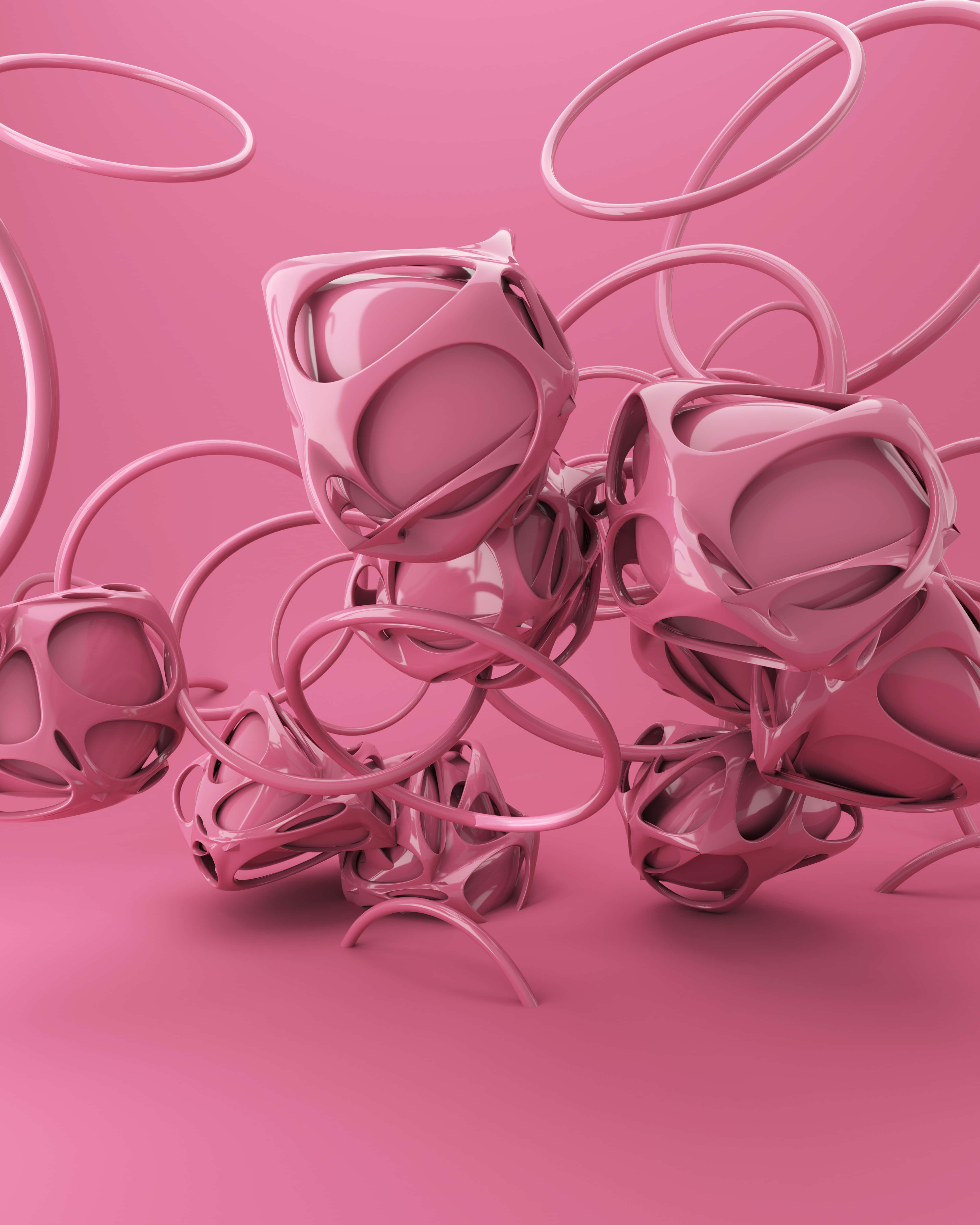 3D 桌布 壁紙 — 光澤粉紅色幾何球體和環漂浮在單色粉紅色工作室空間中，帶有柔和陰影。