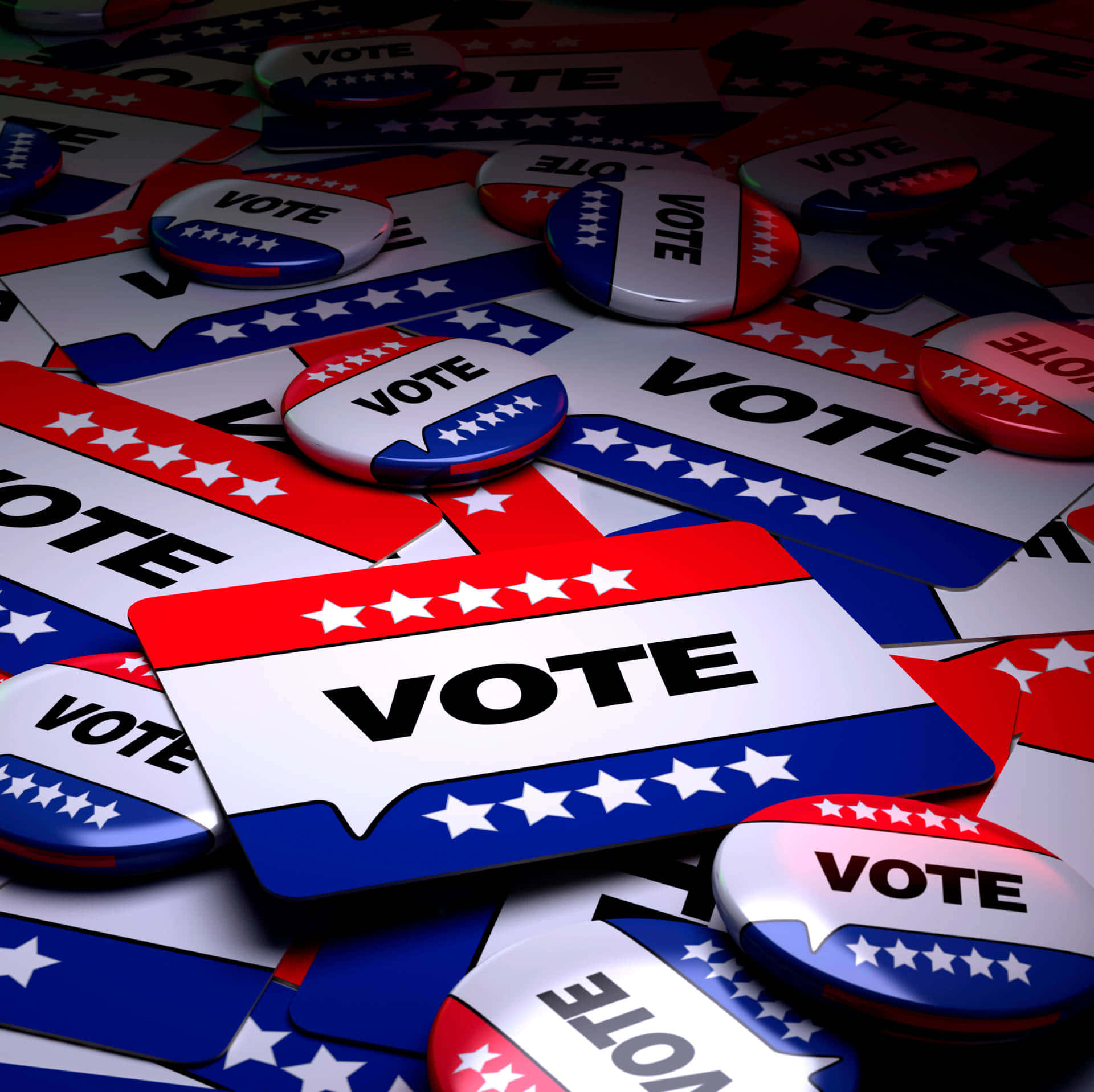 Election 桌布 壁紙 — 光澤紅色、白色和藍色投票按鈕和標誌的近距離特寫，以愛國圖案散落。