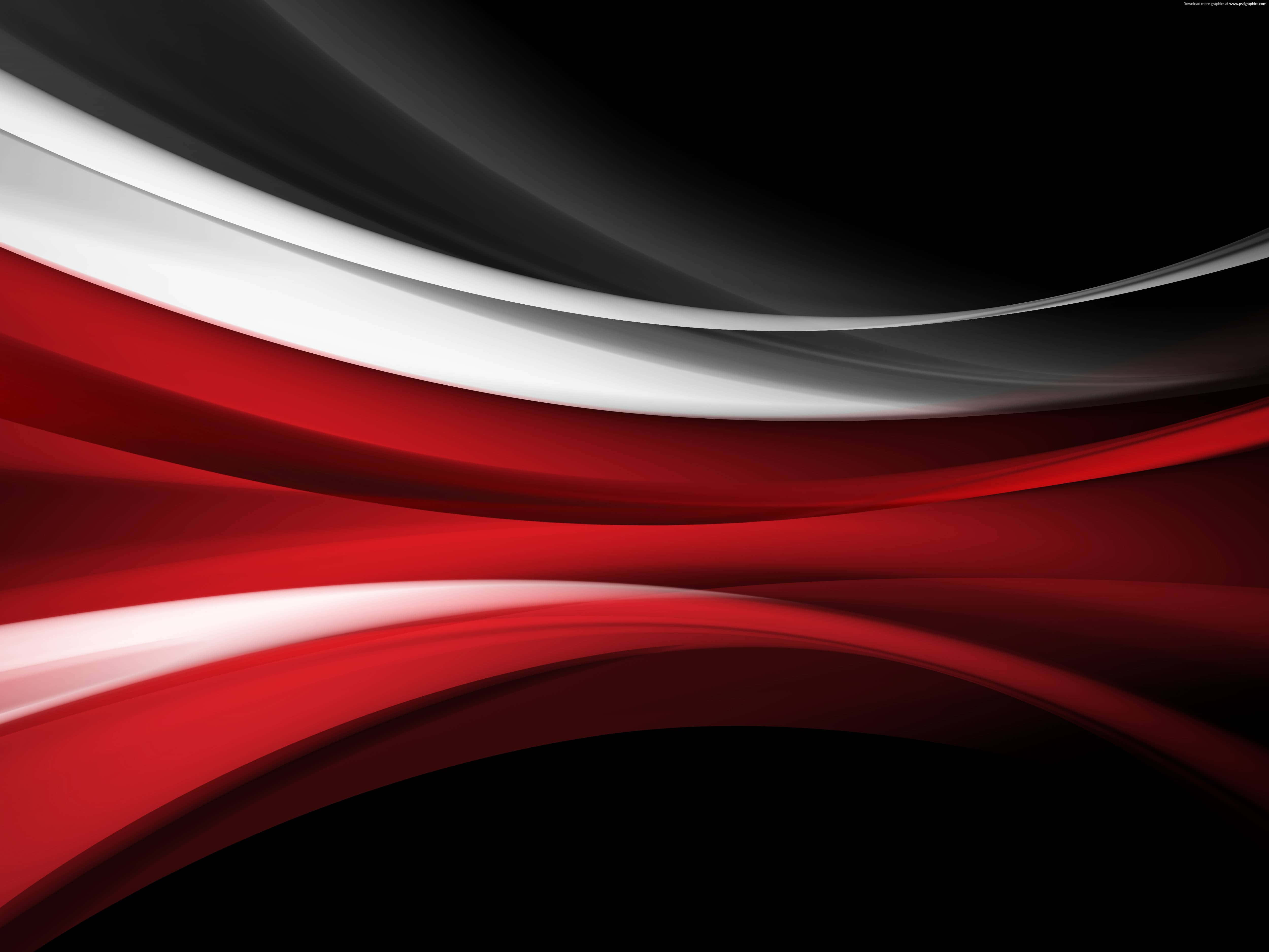 Black And Red 桌布 壁紙 — 光澤紅色、白色和黑色的動態抽象波浪以平滑曲線流過畫面。