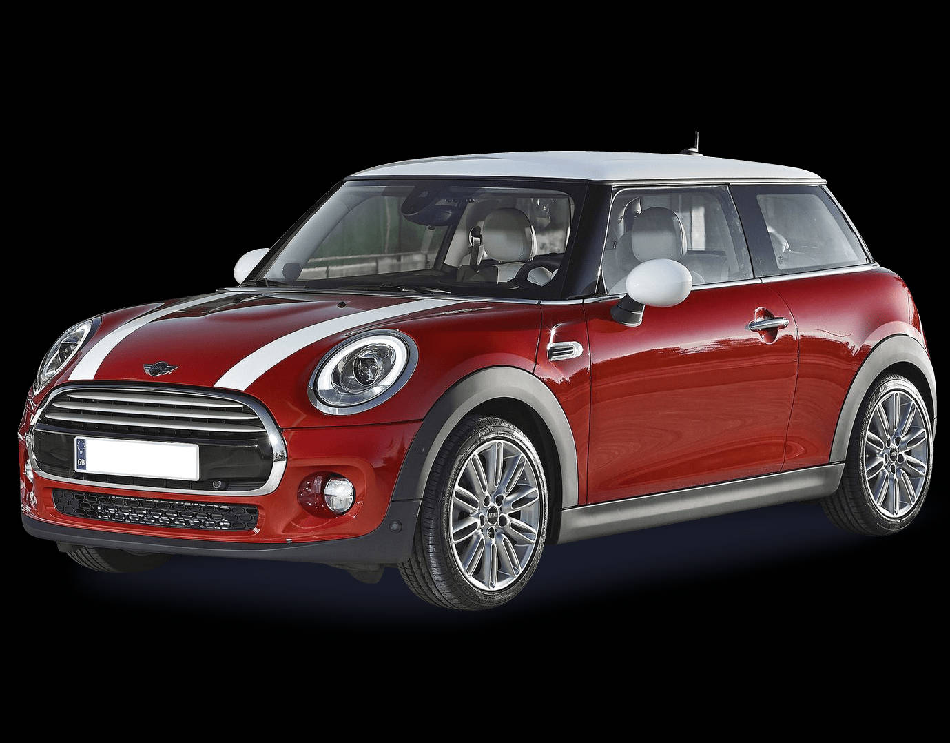 Mini 桌布 壁紙 — 光澤紅色MINI Cooper，白色車頂和賽車條紋在純黑色背景下脫穎而出。
