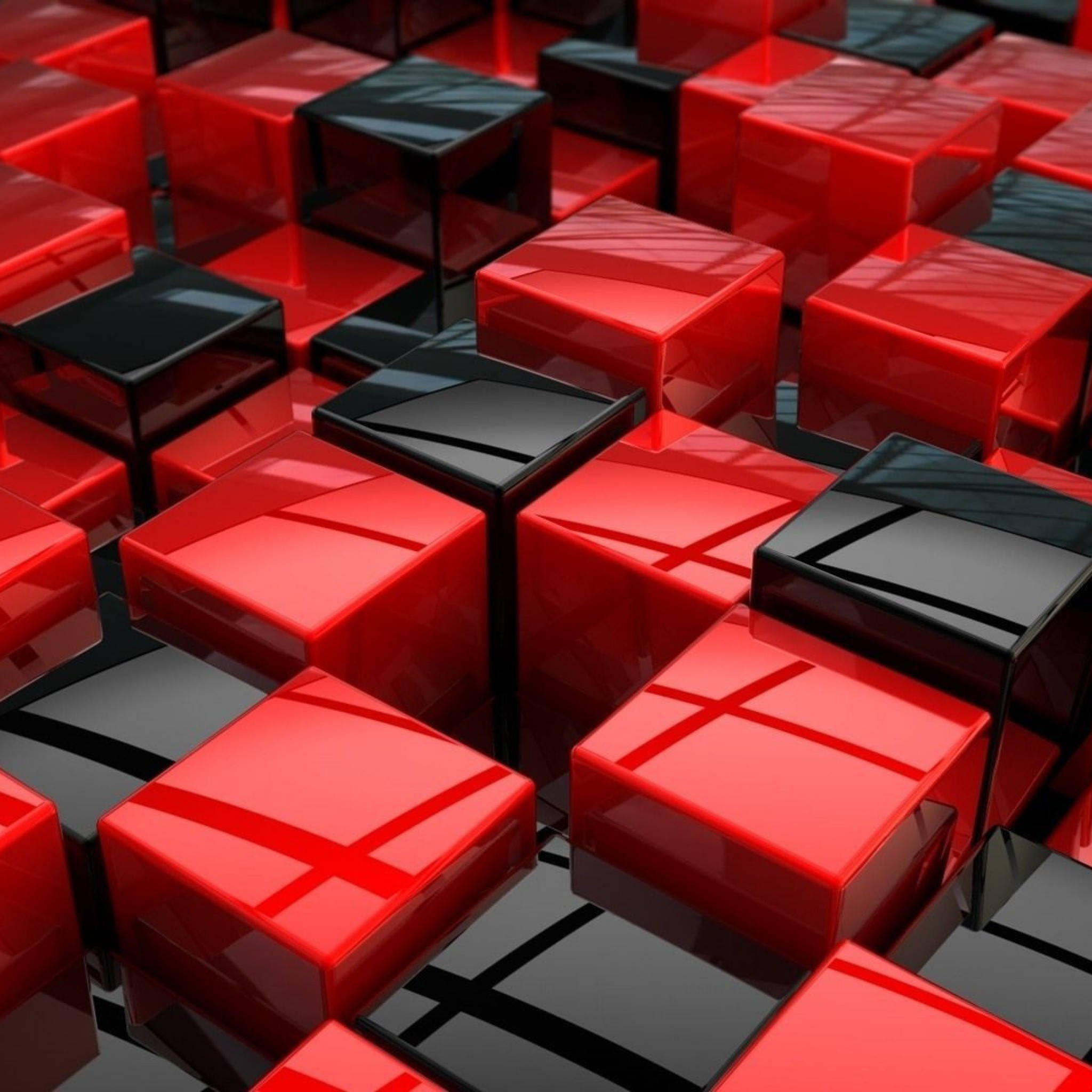 Red And Black Phone 桌布 壁紙 — 光澤紅色和黑色立方體的近距離特寫，以動態、互鎖的幾何圖案排列，帶有銳利反射。