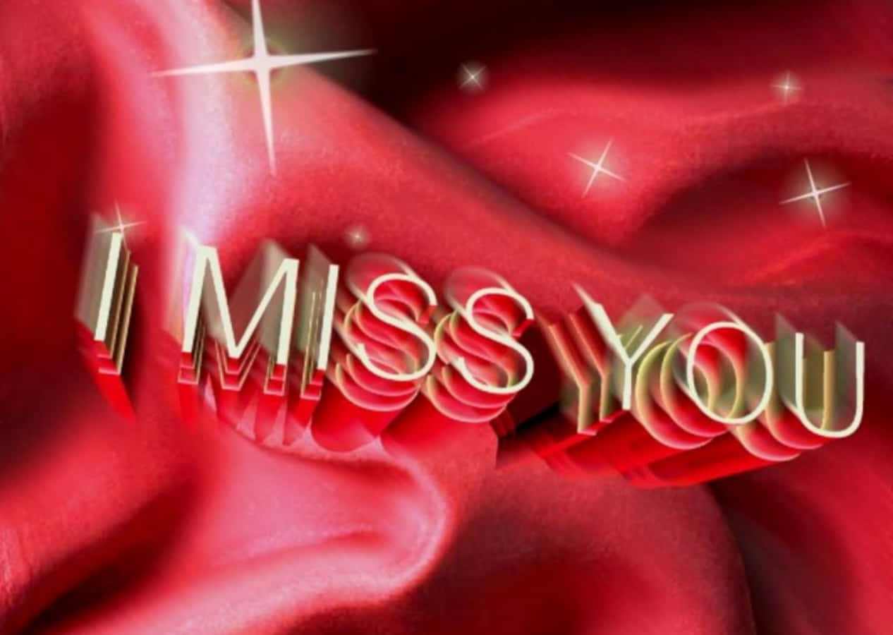 我想你 桌布 壁紙 — 光澤紅色布料波浪，下方有發光3D文字寫著「I MISS YOU」，並帶有閃爍星爆。