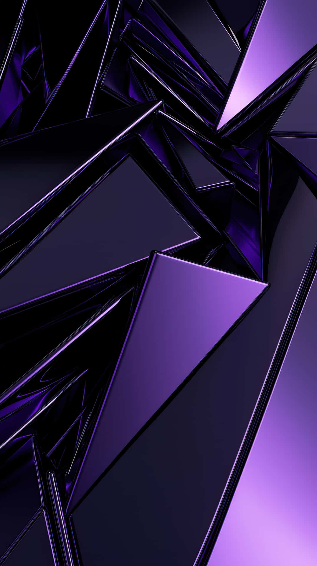 Futuristic 3D Abstract Background with Deep Purple and Black Metallic Geometric Shapes 壁紙 — 光澤紫色和黑色玻璃的抽象幾何碎片以動態角度組合相互鎖合。
