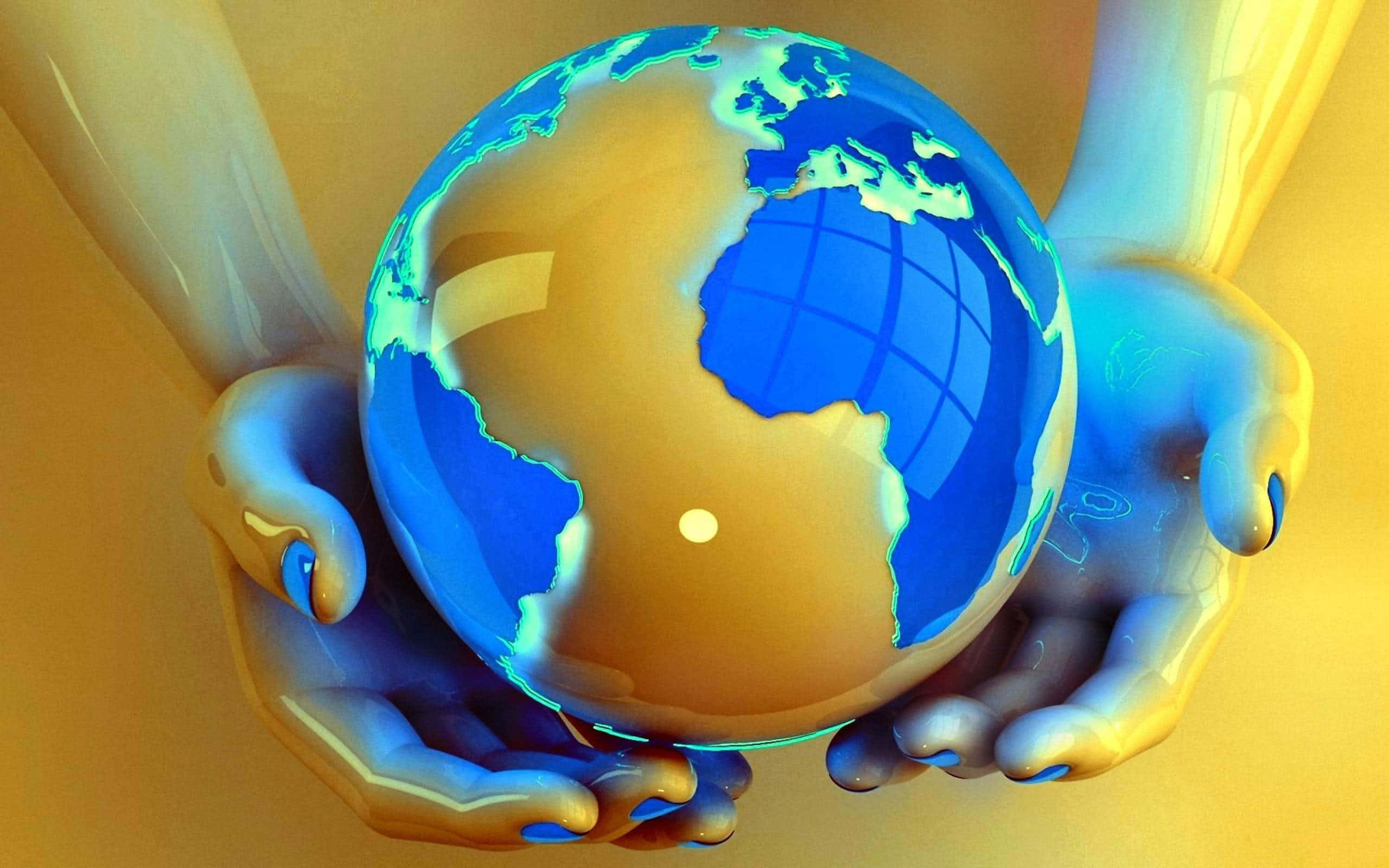World 桌布 壁紙 — 光澤藍色和金色地球儀被半透明雙手捧著，背景是溫暖的黃色。