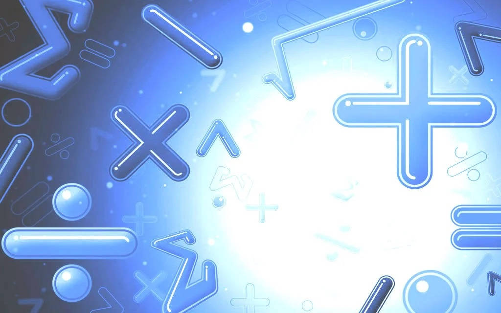 Numbers 桌布 壁紙 — 光澤藍色數學符號漂浮在帶有柔和發光高光的輻射漸變背景中。