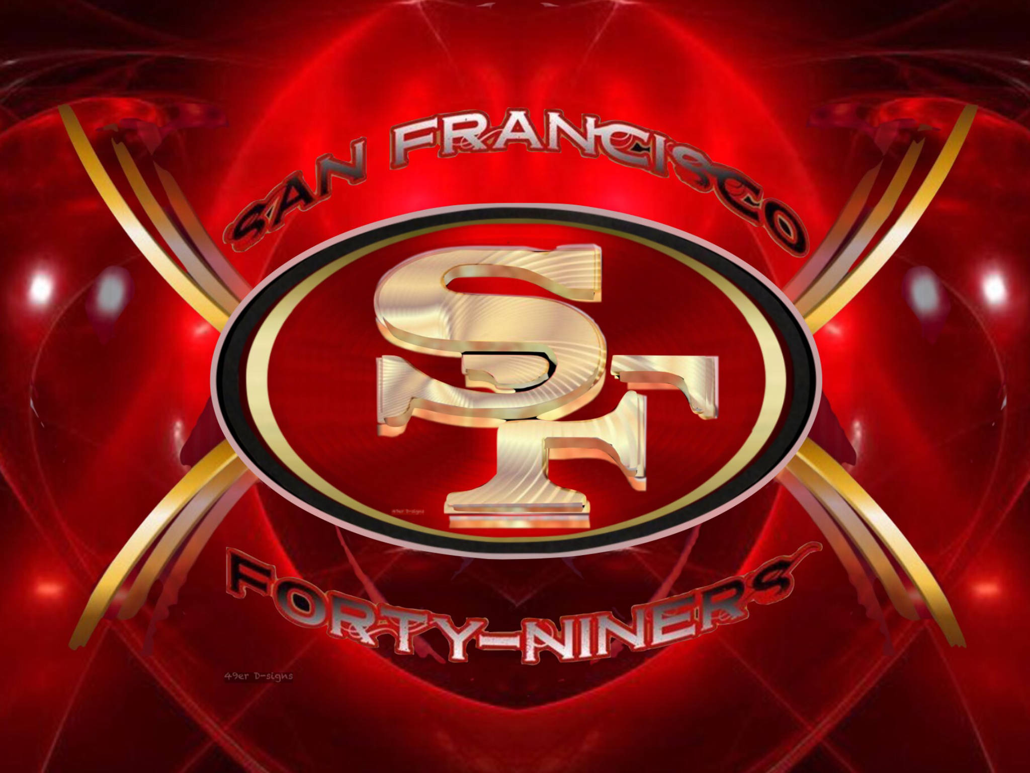 49ers 桌布 壁紙 — 光澤金色舊金山49人隊標誌居中於帶有光暈的紅色和金色抽象背景上。