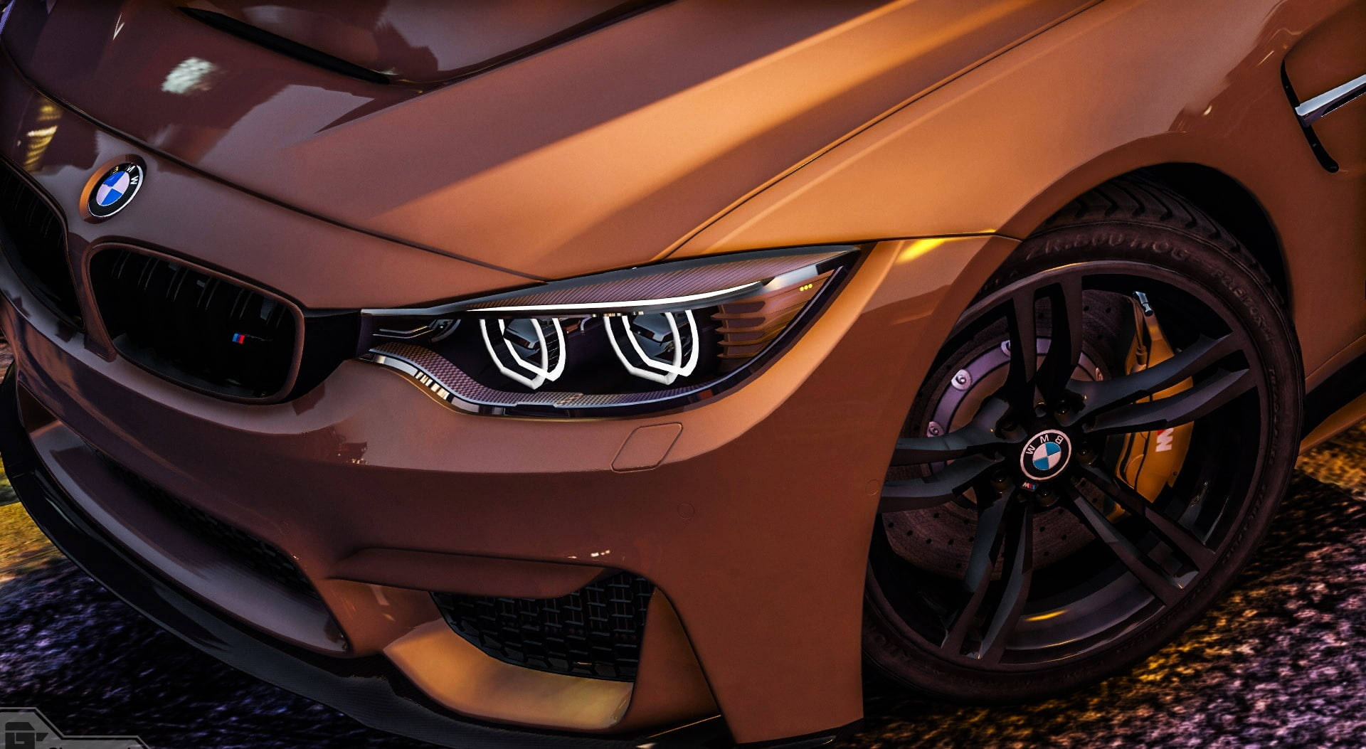 BMW 動圖 桌布 壁紙 — 光澤青銅色BMW M4的特寫，帶有發光的頭燈和黑色車輪，位於紋理表面上。