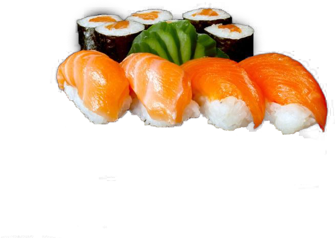 壽司 桌布 壁紙 — 光澤鮭魚握壽司和鮪魚卷搭配綠色裝飾，在純黑背景上排列。