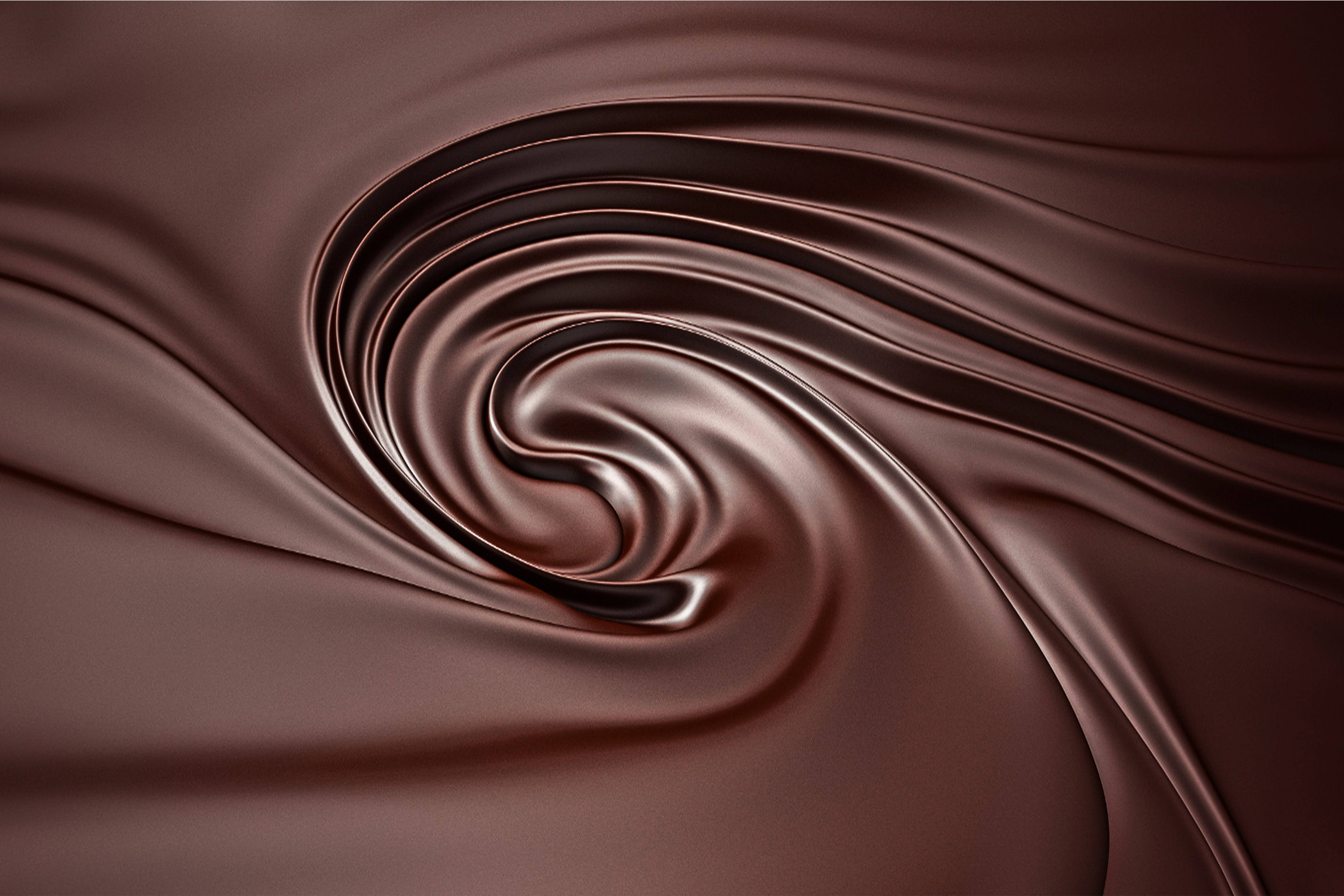 Chocolate Day 桌布 壁紙 — 光澤黑巧克力的迷人漩渦以順滑濃郁的絲帶流動，形成催眠般的螺旋圖案。