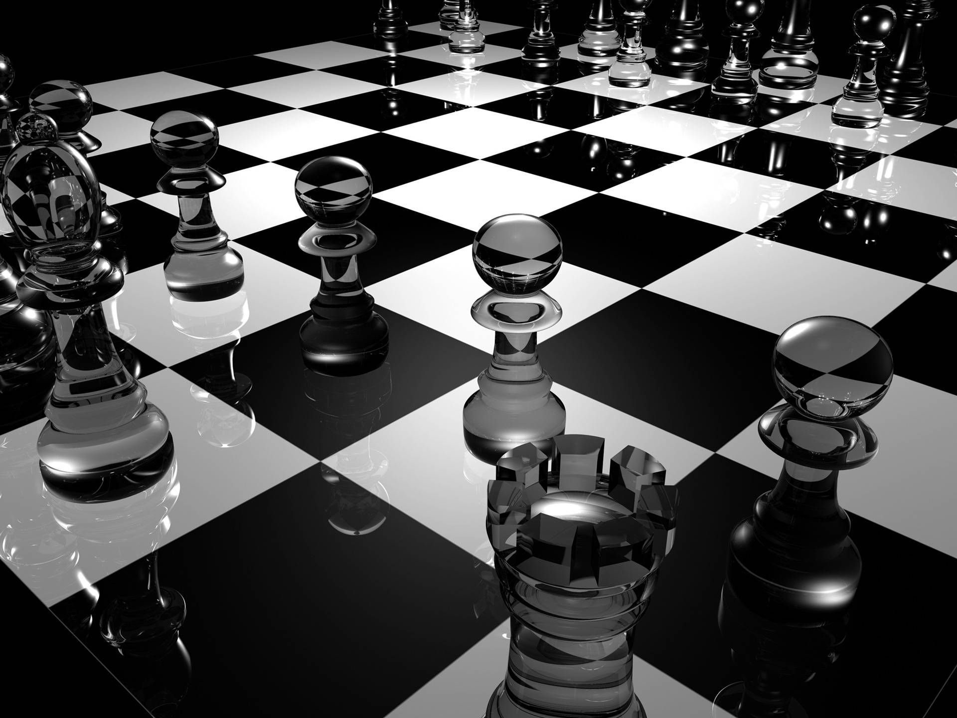 Black And White HD 桌布 壁紙 — 光澤黑白棋子在反光棋盤上以高對比燈光擺好姿勢。