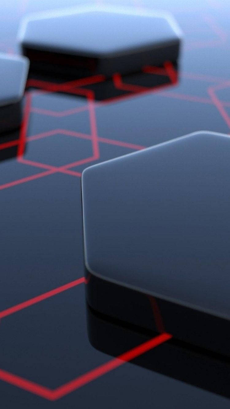 3D iPhone 壁紙 桌布 壁紙 — 光澤黑色六角形塊排列在黑暗表面上，帶有發光的紅色雷射網格線，營造出未來科技美學。
