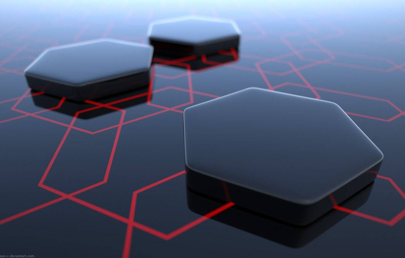 Cyber 桌布 壁紙 — 光澤黑色六角形塊狀物放置在黑暗表面上，帶有發光的紅色網格線，營造出未來科技美學。