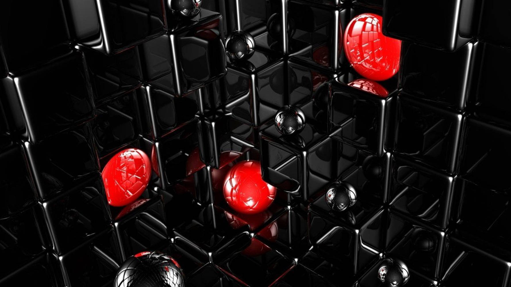 3D 桌布 壁紙 — 光澤黑色立方體嵌入紅色球體和銀色球體，營造出未來感的幾何圖案。