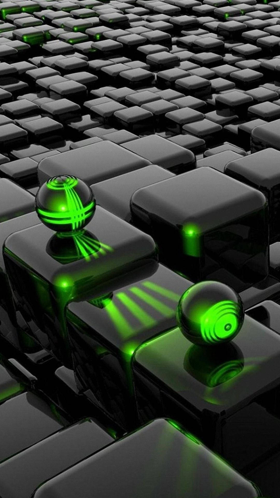 3D iPhone 壁紙 桌布 壁紙 — 光澤黑色立方體帶有發光綠色球體，在幾何數位景觀中投射出耀眼的光束。