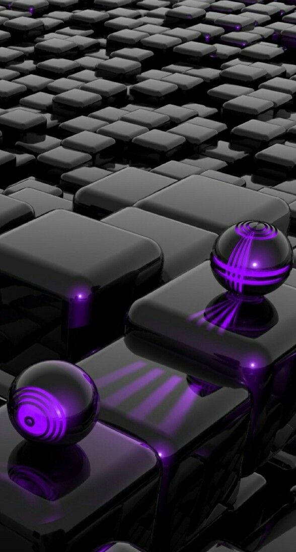3D 桌布 壁紙 — 光澤黑色立方體排列成網格，發光紫色球體投射出耀眼的光線反射。