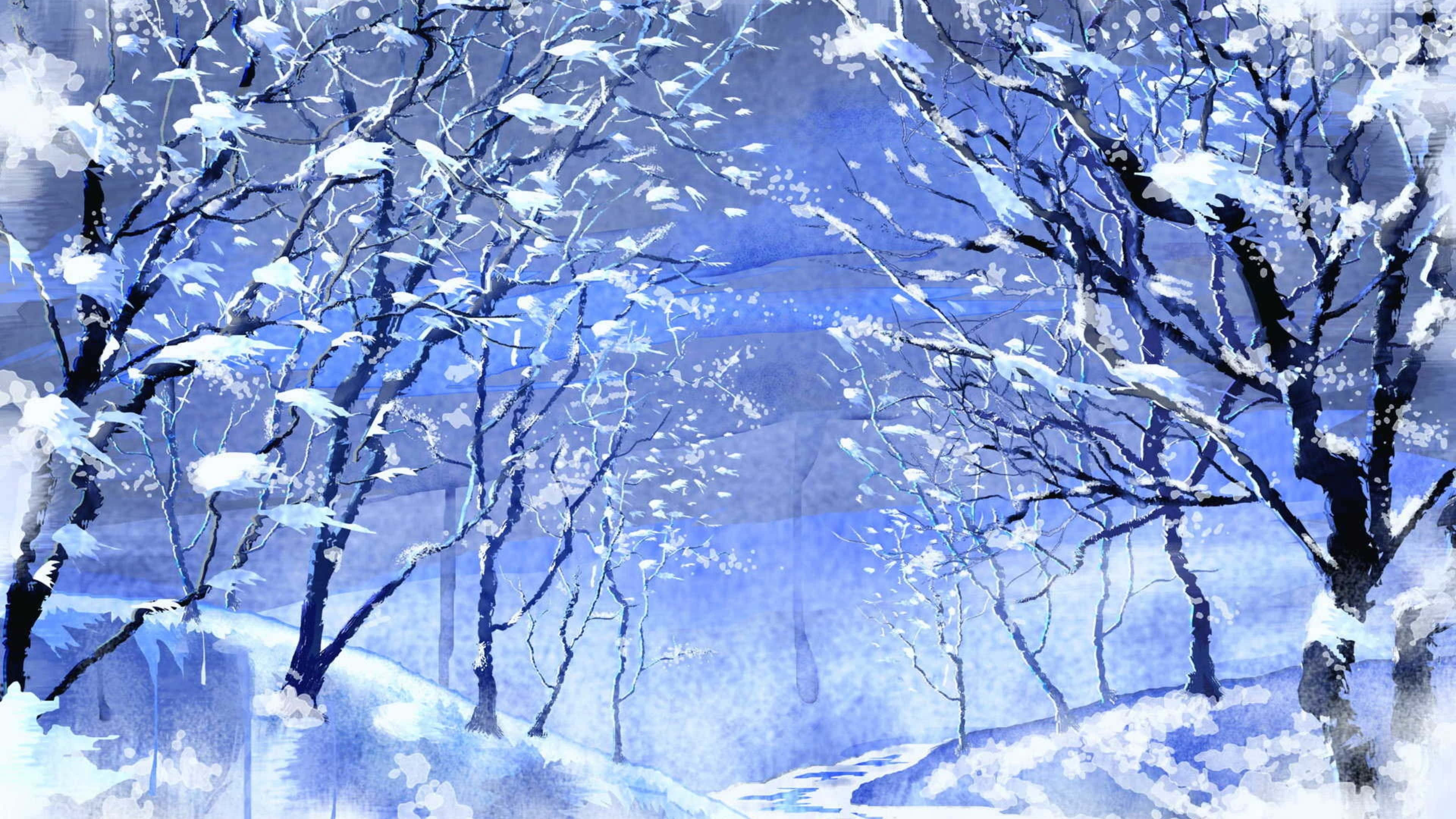4K Computer 桌布 壁紙 — 光禿樹木的積雪枝椏在柔和藍色暮色天空下伸展，穿越一片寧靜的冬季森林。