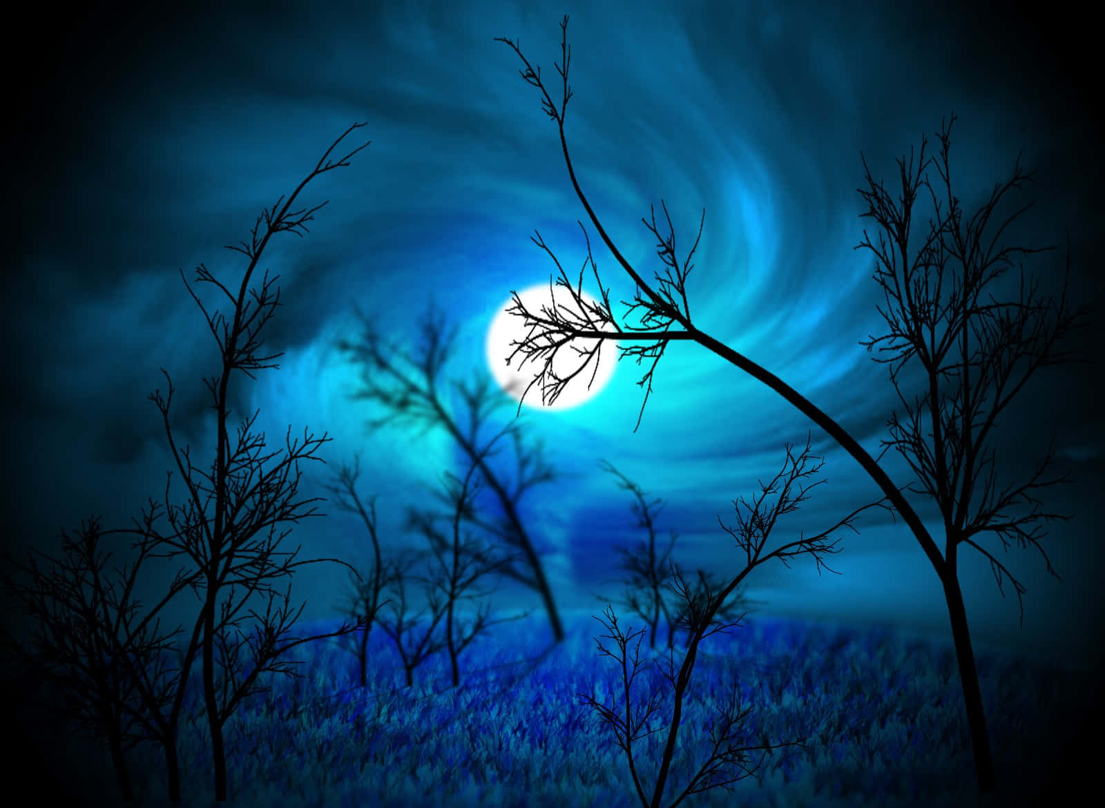 Midnight 桌布 壁紙 — 光禿禿的樹木剪影伸向在深藍色夜空中旋轉的發光滿月。