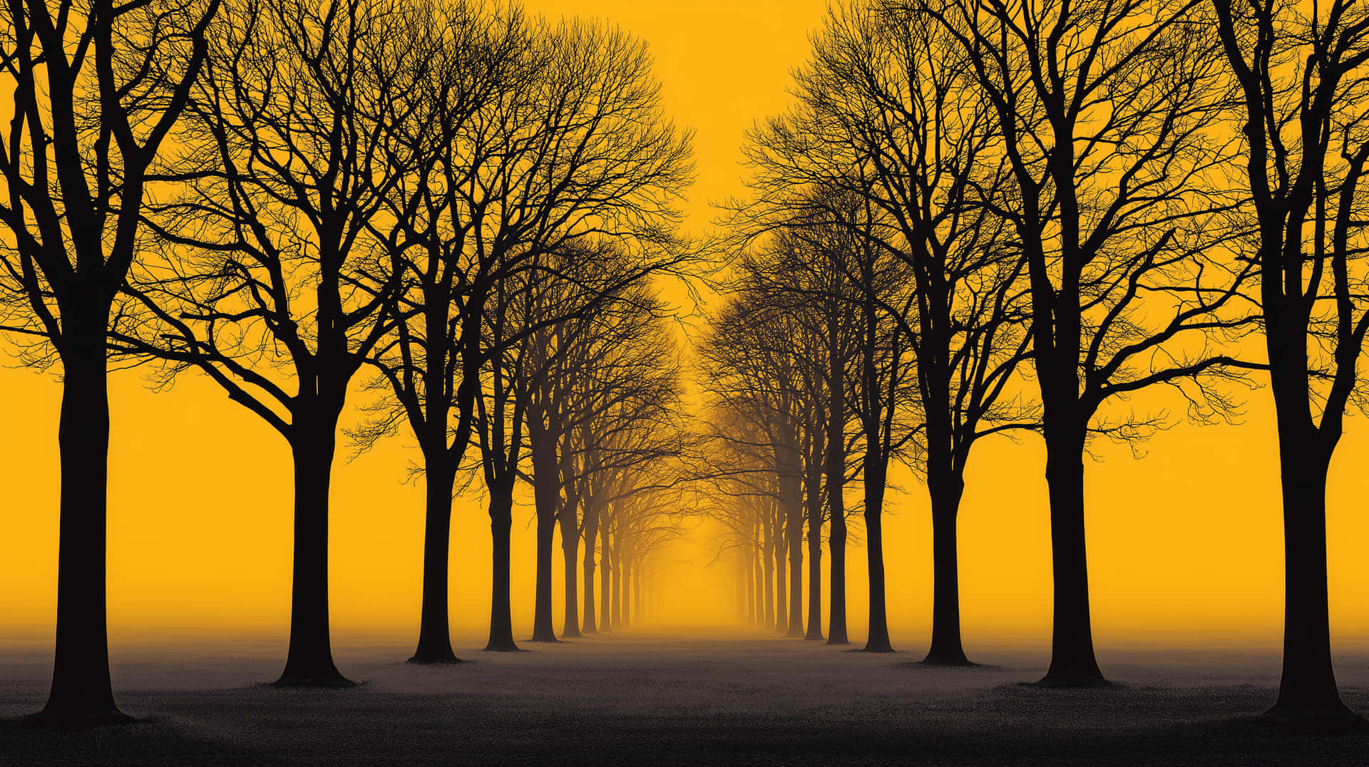 Eerie Tree-Lined Road in Mystical Golden Fog 壁紙 — 光禿禿的樹木剪影排列在一條霧濛濛的小徑上，在閃爍的金色天空下營造出超現實而寧靜的氛圍。
