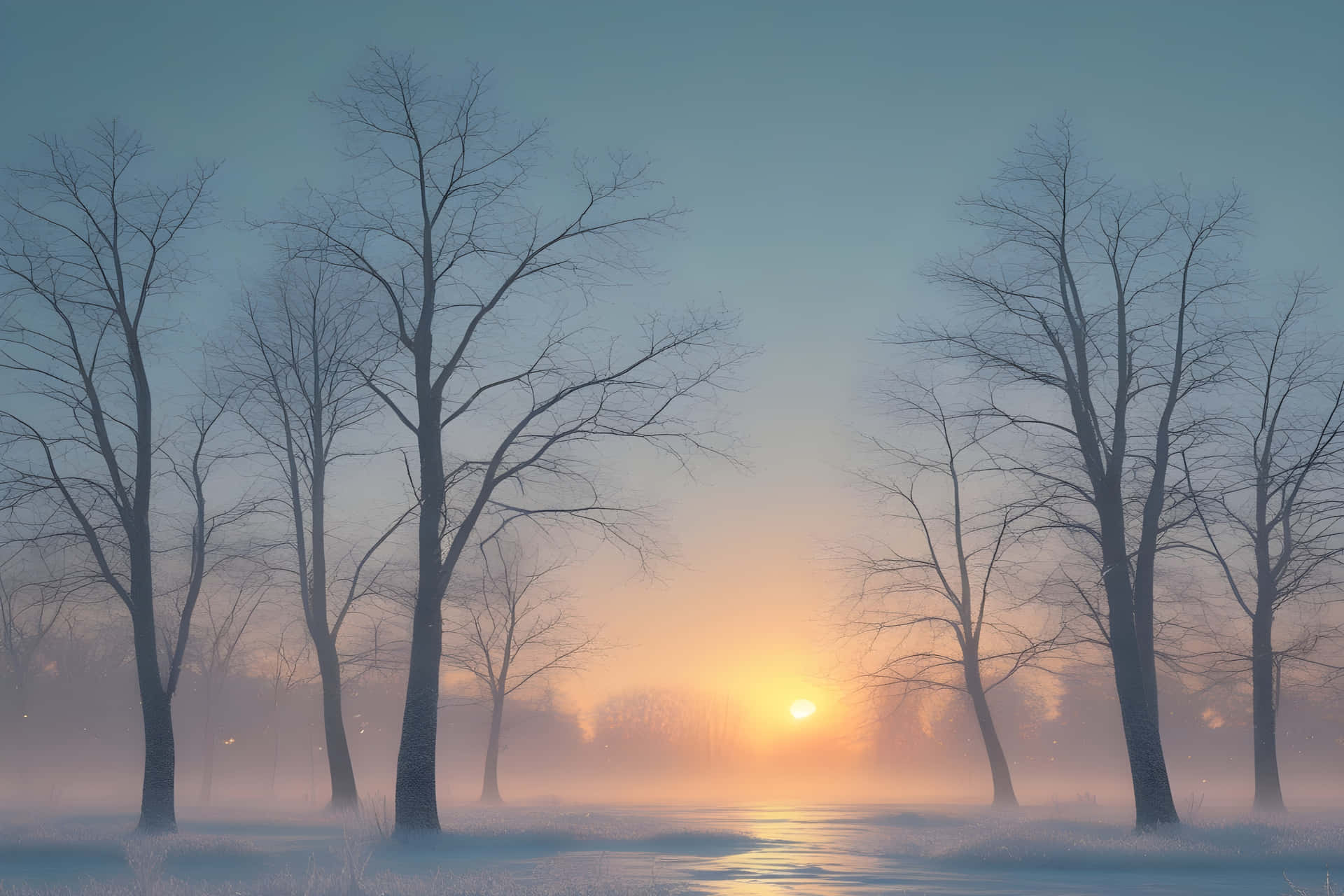 Beautiful sunset in winter session 壁紙 — 光禿禿的樹木剪影矗立在結霜的田野中，溫暖的日出透過霧氣在結冰的河上閃耀。