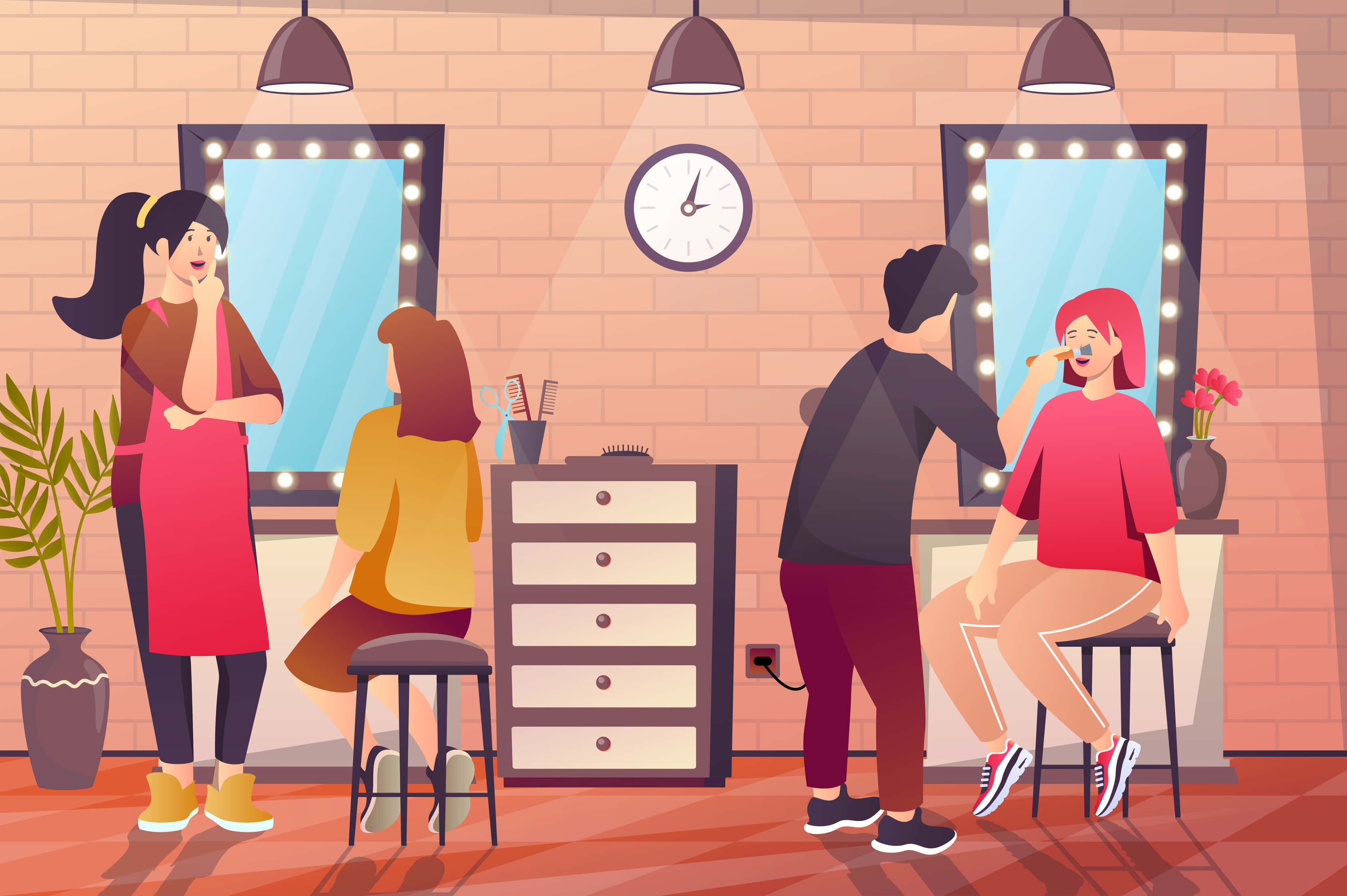 Beauty Salon 桌布 壁紙 — 光線充足的沙龍，磚牆，造型師為坐在帶燈泡鏡子前的顧客服務。