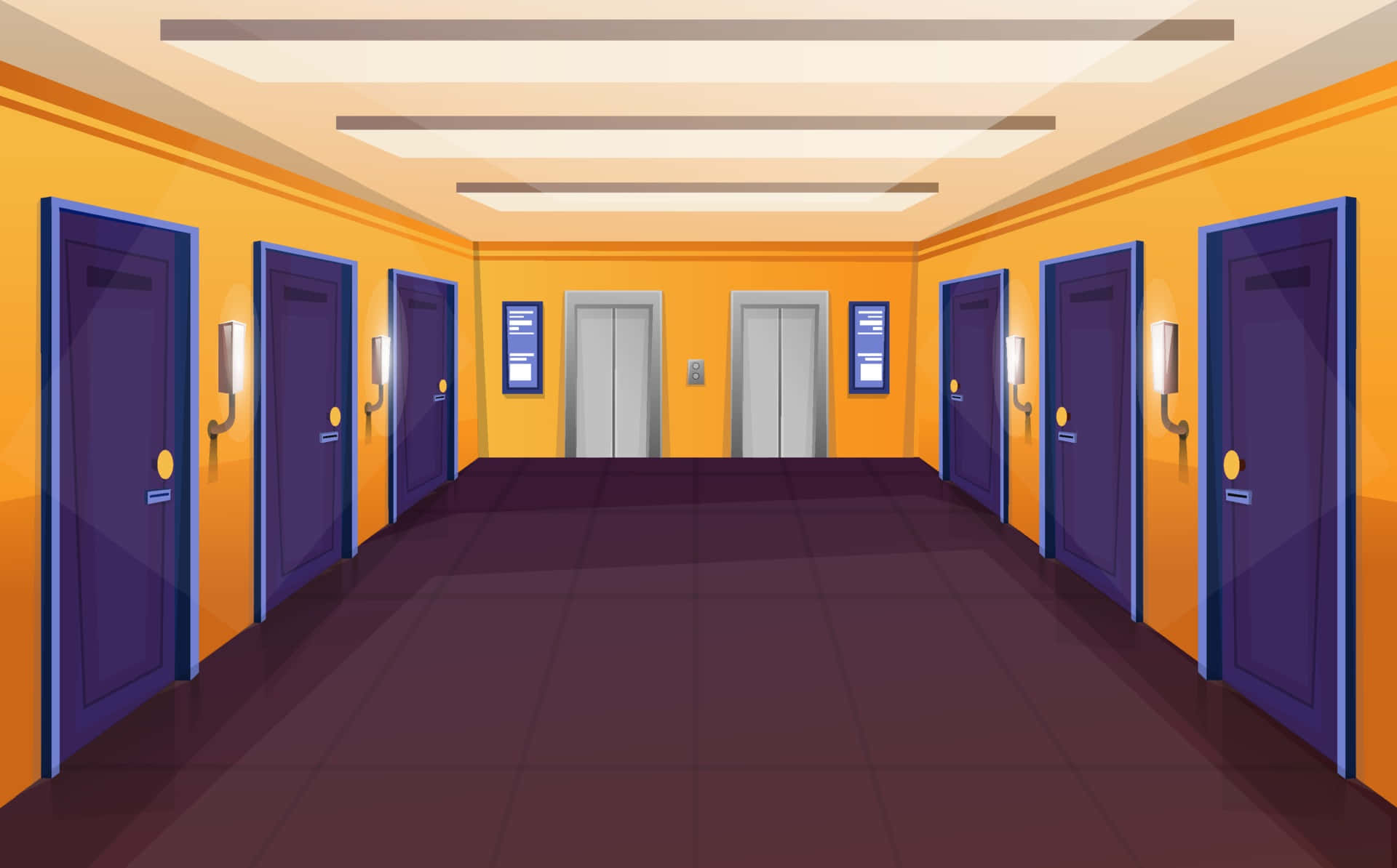 hallway 桌布 壁紙 — 光線明亮的卡通走廊，橙色牆壁、紫色門，盡頭有兩部電梯。
