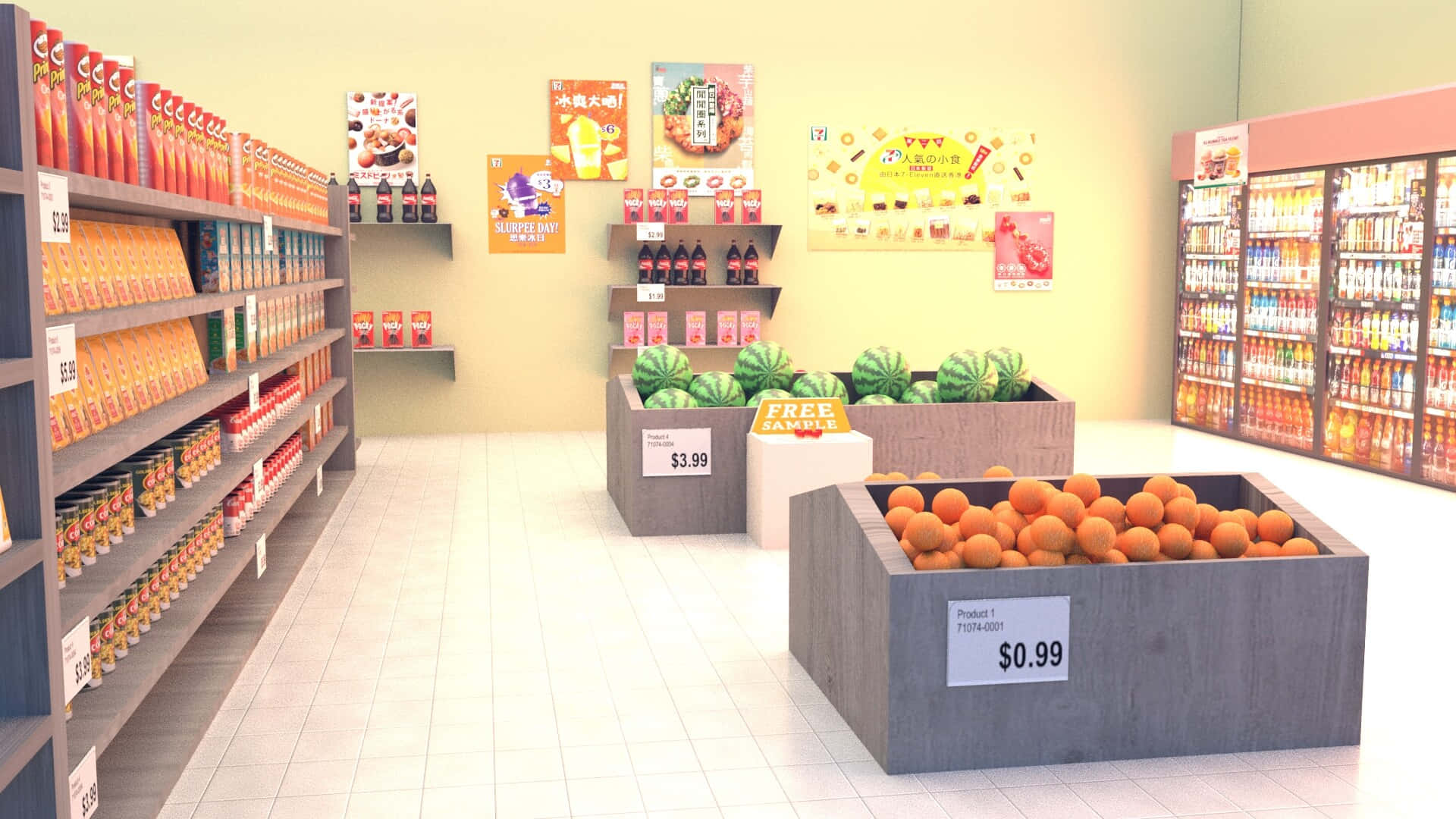 supermarket 桌布 壁紙 — 光線明亮的超市通道，貨架上擺滿零食和冷藏飲品，兩旁放著西瓜和柳橙的箱子。