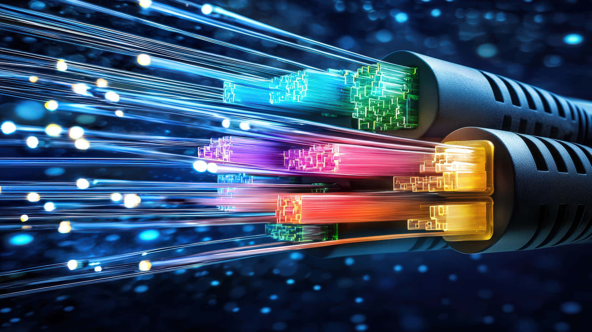 A close-up of futuristic fiber optic cables emitting glowing digital data streams 壁紙 — 光纖電纜的特寫，在黑暗的星空背景下發出鮮豔的藍色、紫色、粉紅色和橙色光。