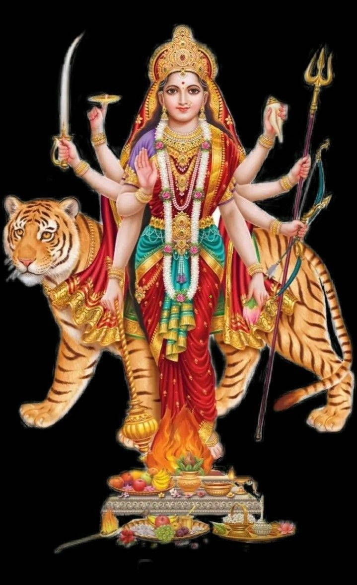 Goddess 桌布 壁紙 — 光芒四射的多臂印度教女神杜爾迦站在火焰基座上，兩側有兩隻老虎手持神聖武器。