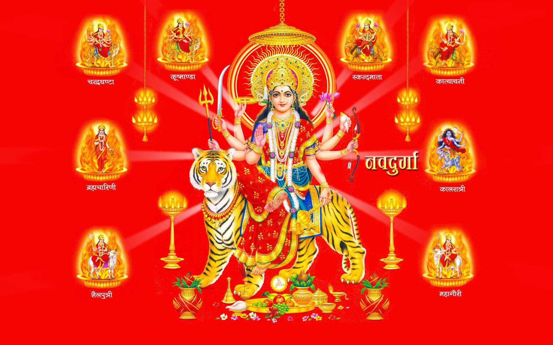 Durga 桌布 壁紙 — 光芒四射的多臂女神杜爾迦騎著兇猛的老虎，背景為大膽的紅色，周圍環繞著金色的神聖圖標。