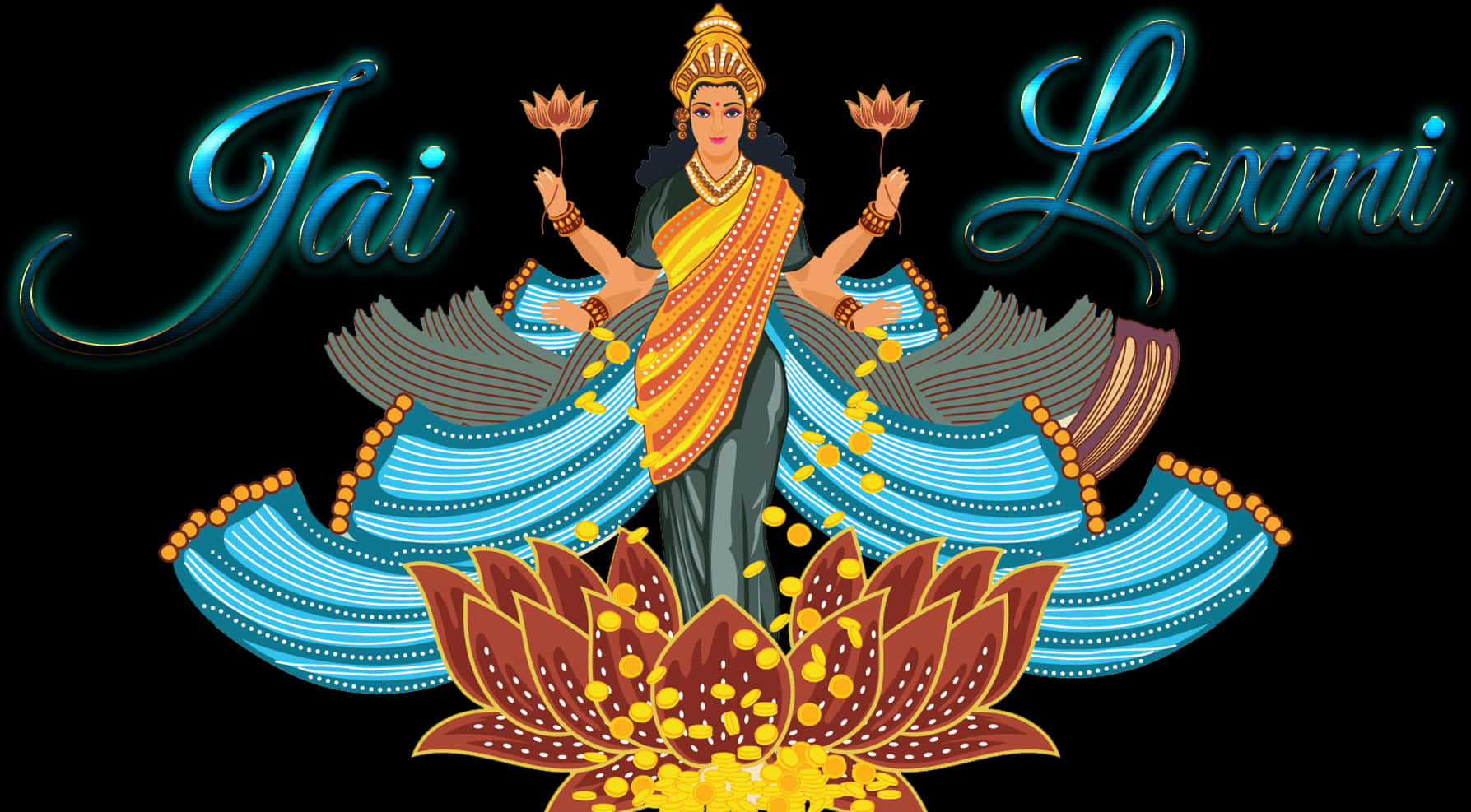 吉祥天女 桌布 壁紙 — 光芒四射的拉克什米女神站在金色蓮花上，身穿飄逸的藍色服飾，手持蓮花，背景為黑色，帶有發光的文字。