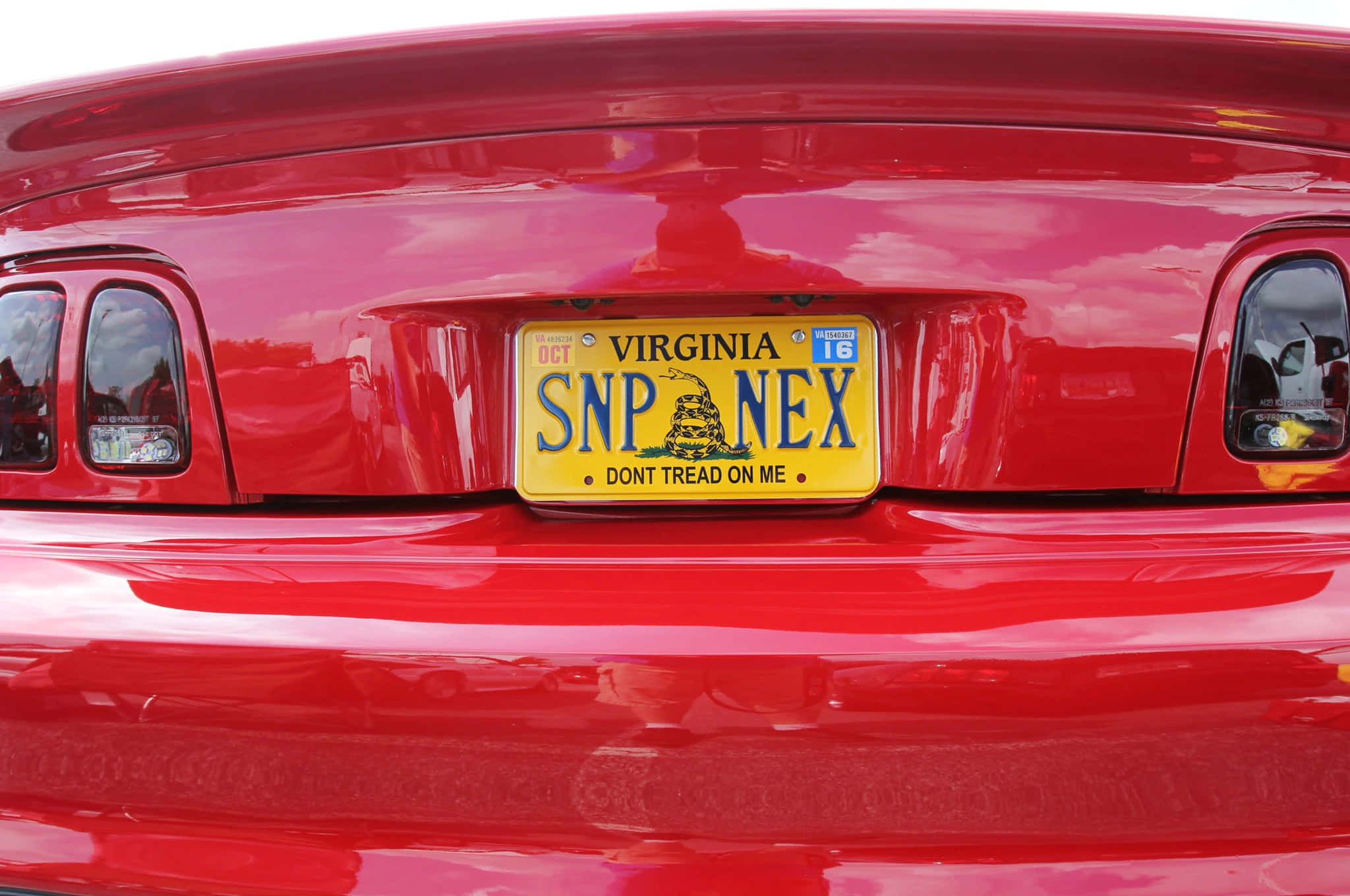 Car License Plate 桌布 壁紙 — 光面紅色汽車後車廂的特寫，顯示帶有「SNP NEX」和「DON'T TREAD ON ME」標語的維吉尼亞州車牌。
