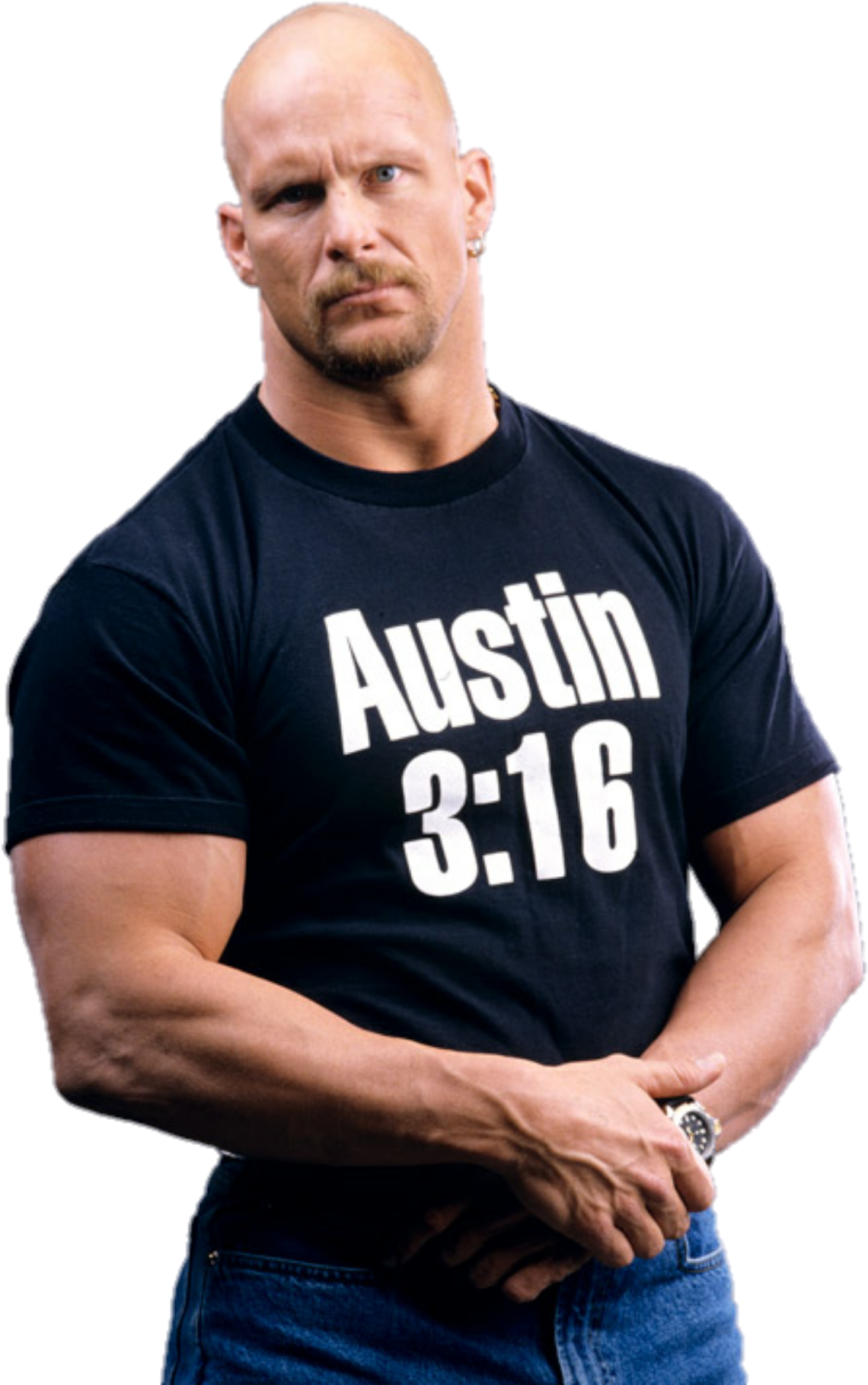 寒冷 桌布 壁紙 — 光頭肌肉男，留山羊鬍，身穿印有Austin 3:16的黑色T恤和藍色牛仔褲，背景為黑色。