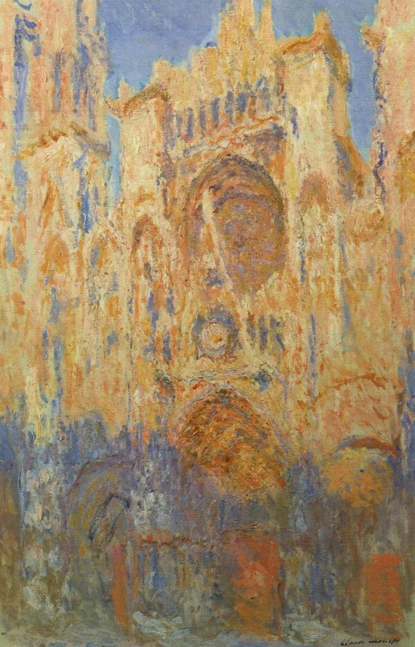 Monet 桌布 壁紙 — 克勞德·莫內的印象派畫作，盧昂大教堂沐浴在溫暖的金色光芒中，帶有藍色陰影。