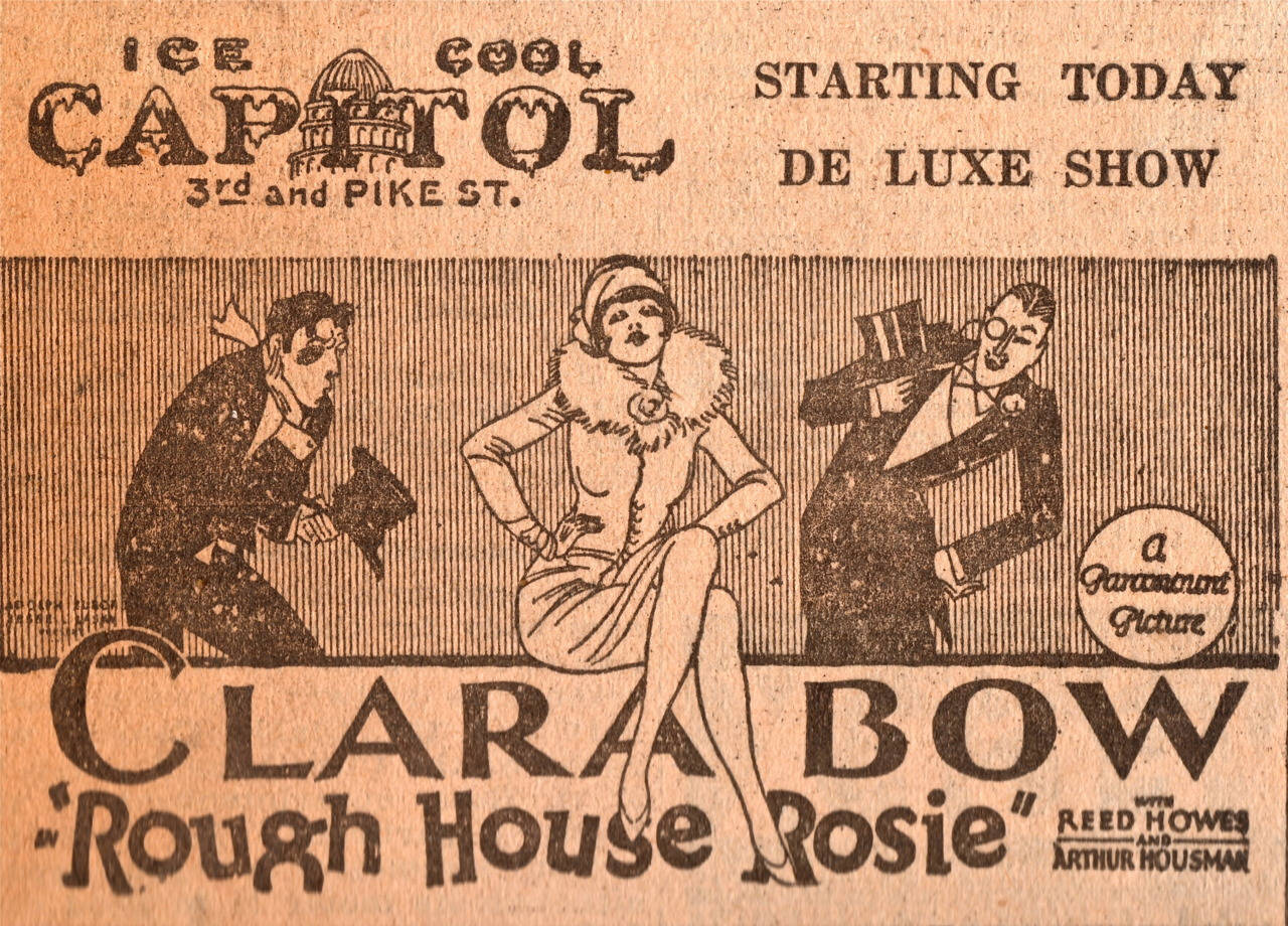 Bow 桌布 壁紙 — 克拉拉·鮑的《Rough House Rosie》在Ice Cool Capitol劇院的復古1920年代電影海報，帶有粗體字體和飛女郎風格插圖。