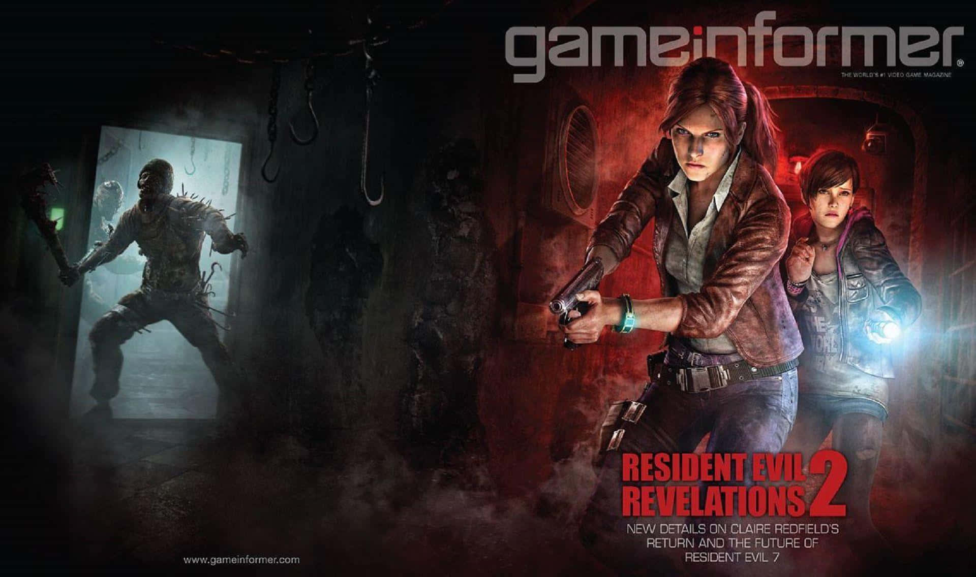 Resident Evil Revelations 2 桌布 壁紙 — 克萊兒·雷德菲爾德和一名同伴在陰暗、血跡斑斑的工業房間裡準備好槍械，而怪異的殭屍潛伏在陰影中。